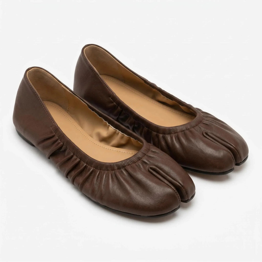 ZQW Ruched Tabi Ballet Flats in brown, pair 45-degree view – matching ruched tabi flats, low heel, perfect for daily casual or office wear