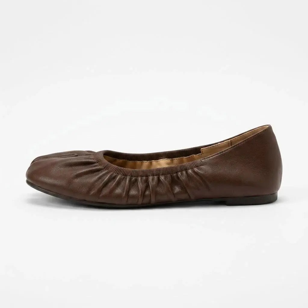 ZQW Ruched Tabi Ballet Flats in brown, side view – low 0.28-inch heel, anti-slip rubber outsole, slip-on style with ruched trim, wide-foot friendly