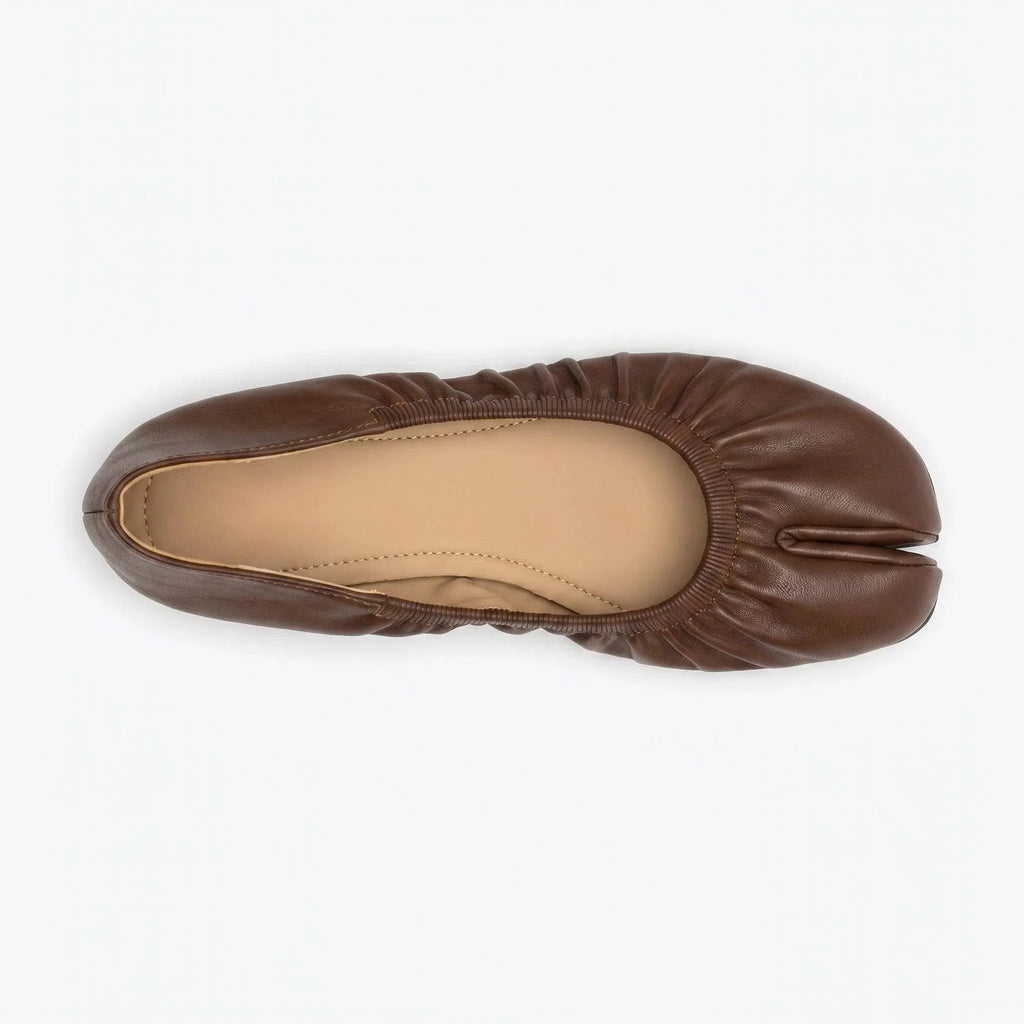ZQW Ruched Tabi Ballet Flats in brown, top view – gathered ruched detail around toe, round split-toe silhouette, soft vegan leather, cushioned insole