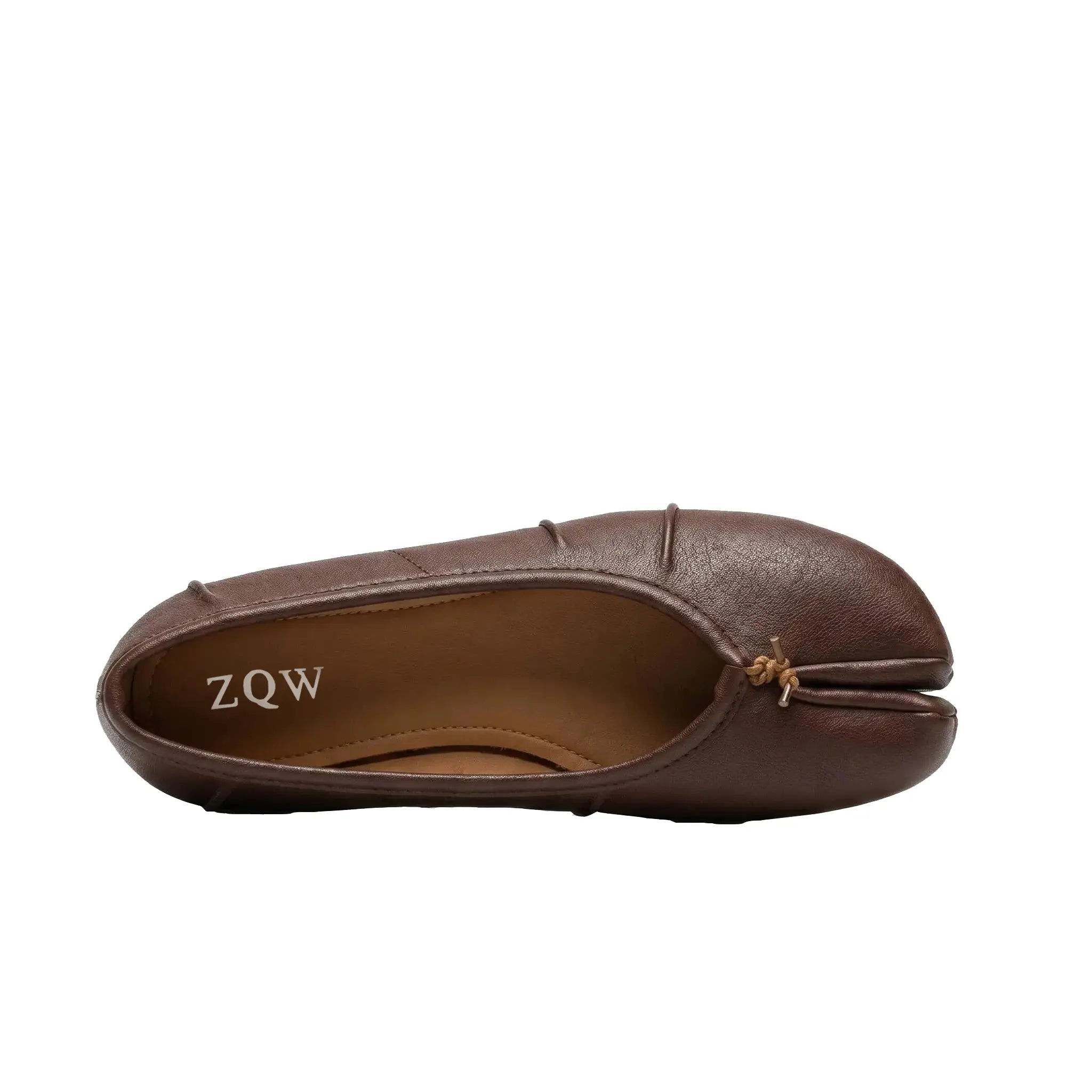 ZQW Ruched Tabi Ballet Flats in burgundy, top view – gathered ruched detail around toe, round split-toe silhouette, soft vegan leather, cushioned insole