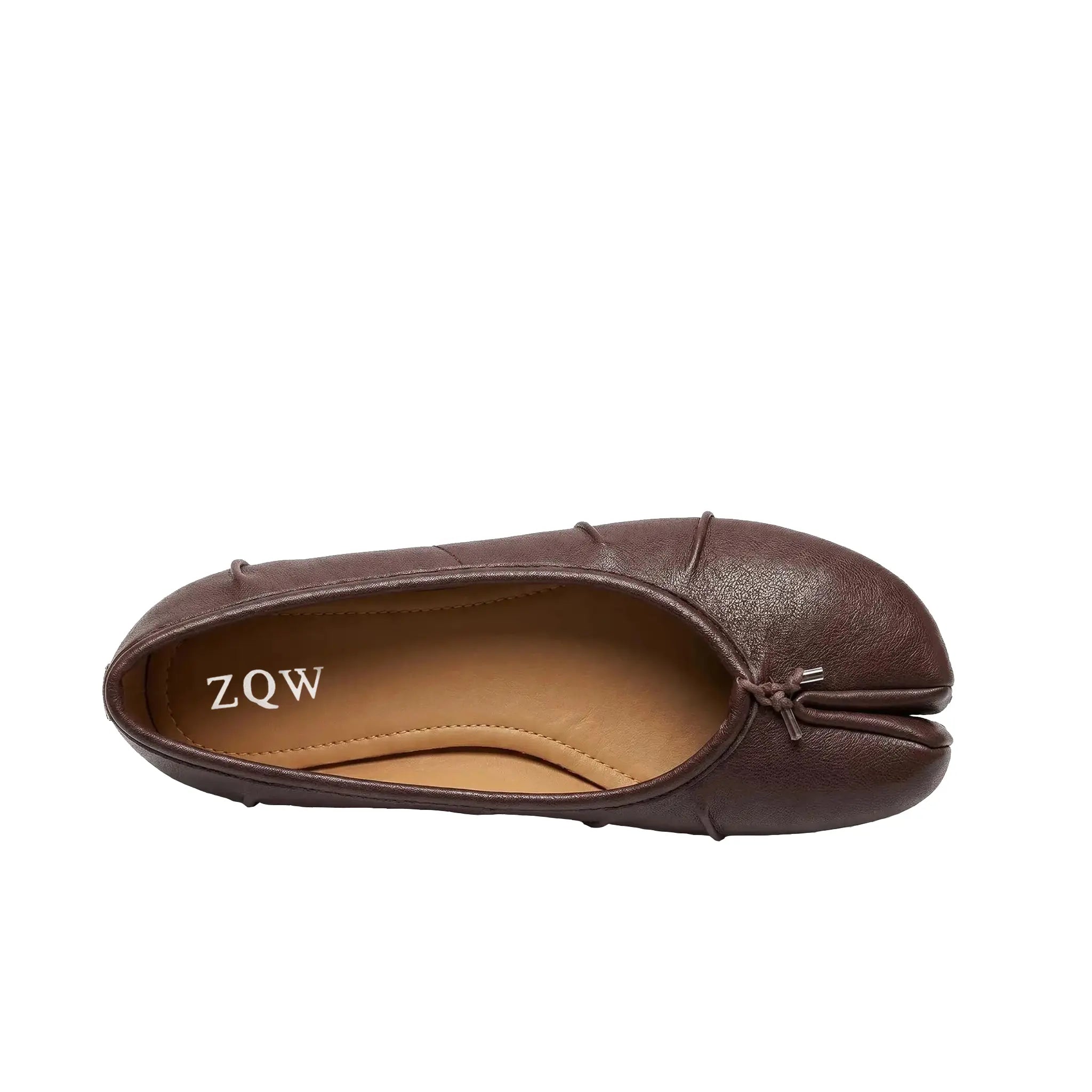 ZQW Ruched Tabi Ballet Flats in burgundy, top view – gathered ruched detail around toe, round split-toe silhouette, soft vegan leather, cushioned insole