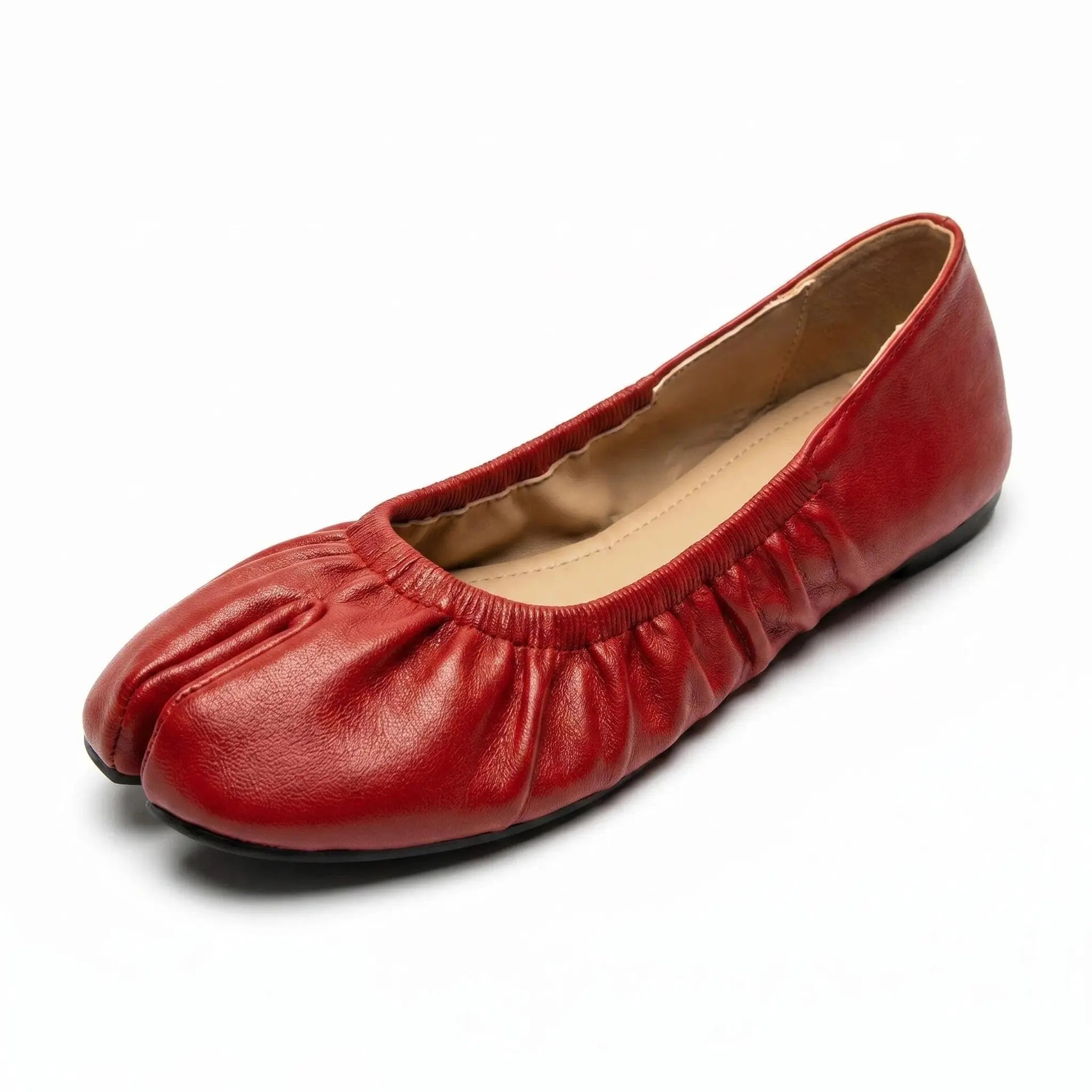 ZQW Ruched Tabi Ballet Flats in red, 45-degree angle view – ruched vegan leather upper, split-toe design, low 0.7cm heel, easy slip-on
