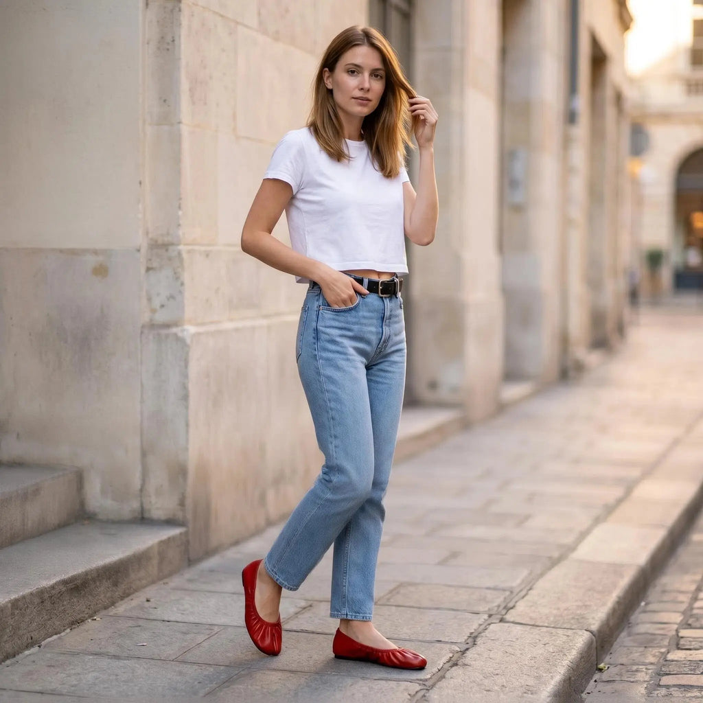 ZQW Ruched Tabi Ballet Flats in red, model wearing – elegant ruched flats with tabi design, bold red color, comfortable for travel or work