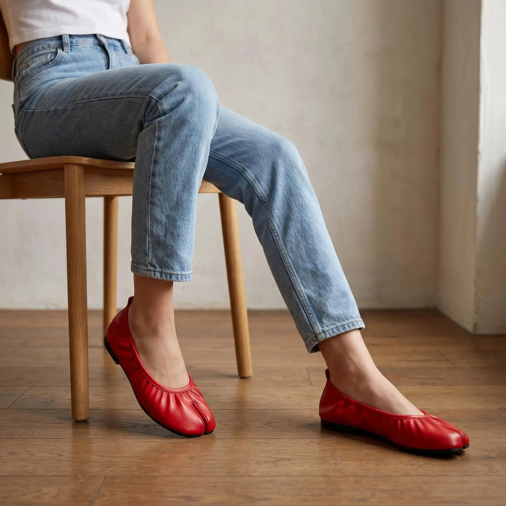 ZQW Ruched Tabi Ballet Flats in red, worn on feet close-up – split-toe allows natural movement, ruched detail adds ballet charm, cushioned insole for all-day comfort