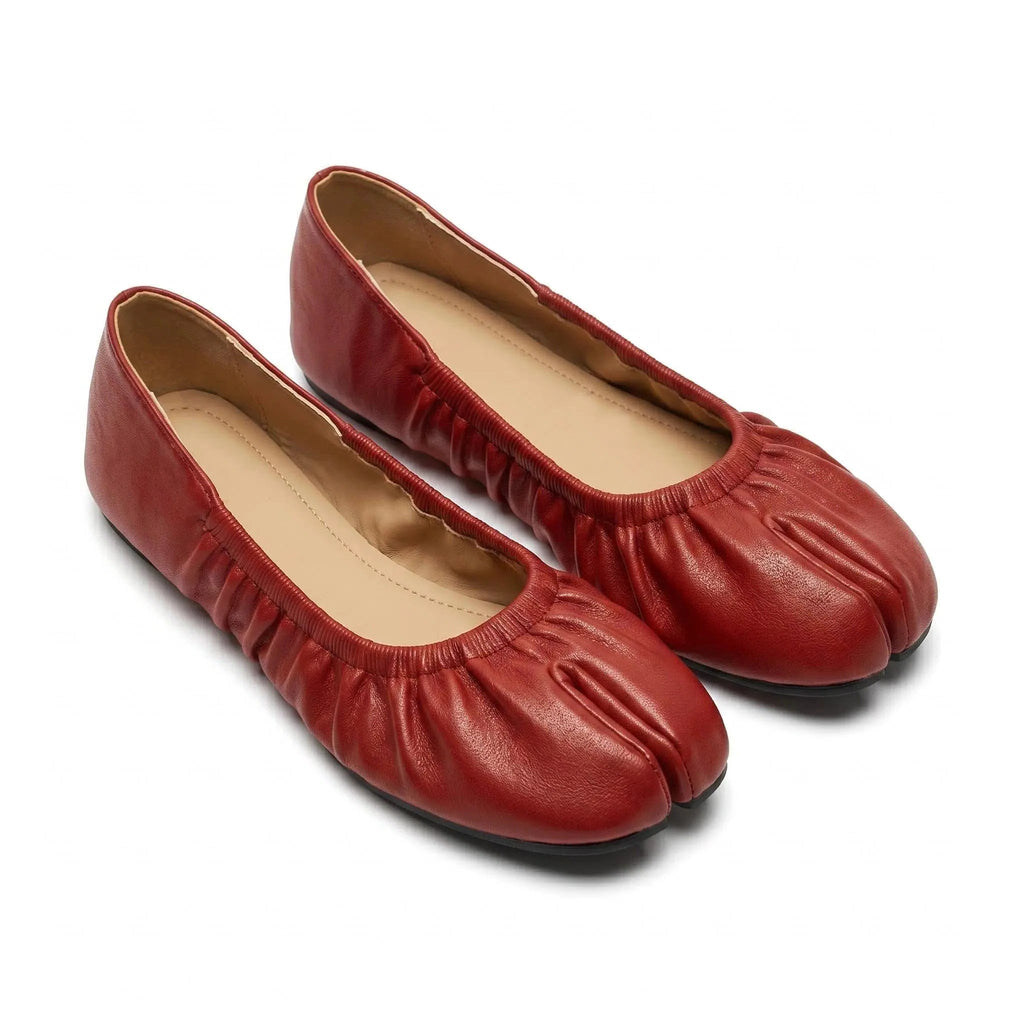 ZQW Ruched Tabi Ballet Flats in red, pair 45-degree view – matching ruched tabi flats, low heel, perfect for daily casual or office wear