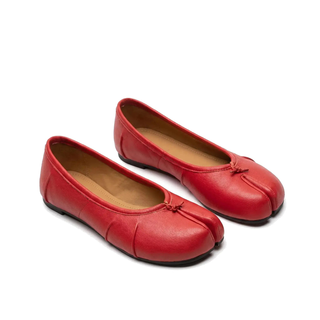 ZQW Ruched Tabi Ballet Flats in red, pair 45-degree view – matching ruched tabi flats, low heel, perfect for daily casual or office wear