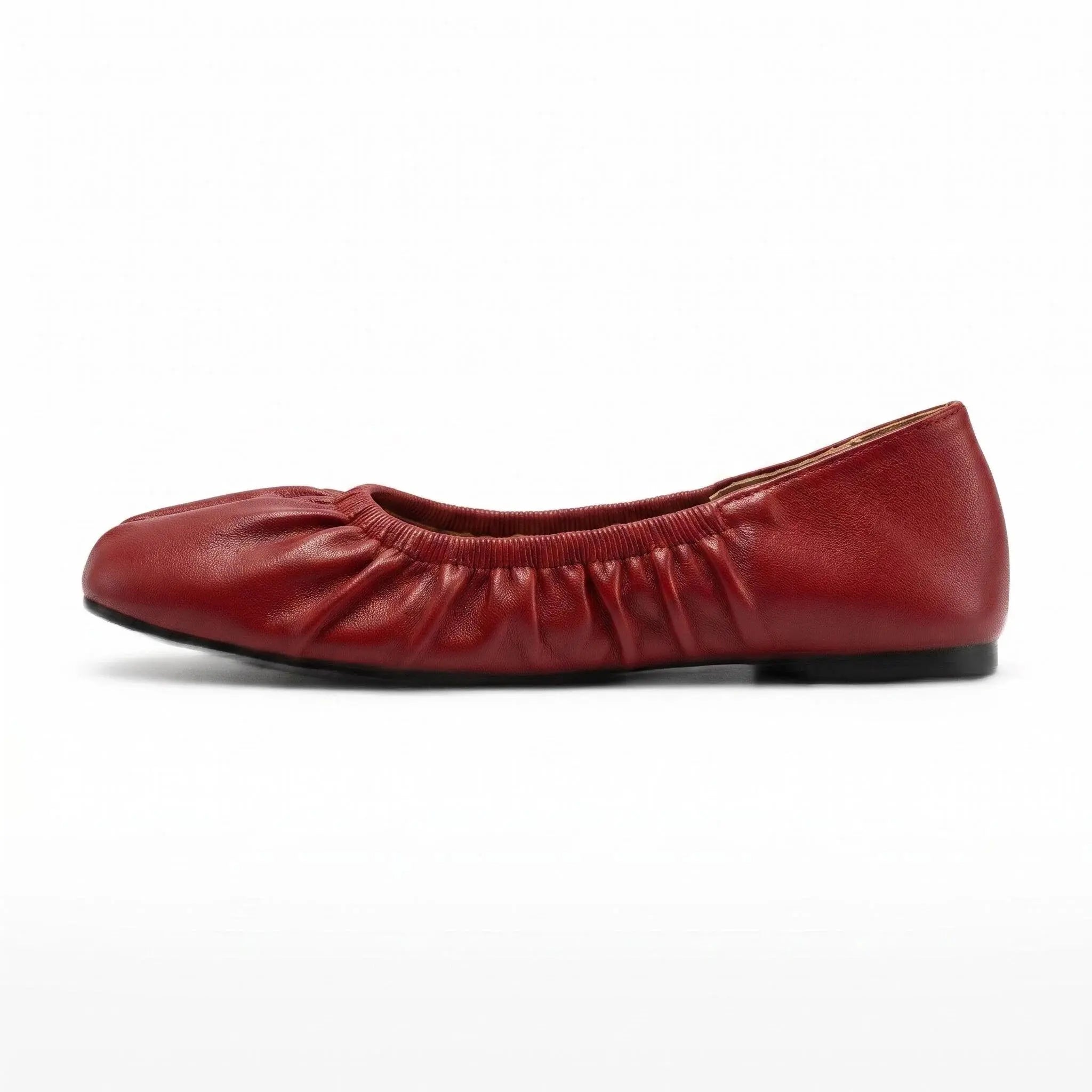 ZQW Ruched Tabi Ballet Flats in red, side view – low 0.28-inch heel, anti-slip rubber outsole, slip-on style with ruched trim, wide-foot friendly