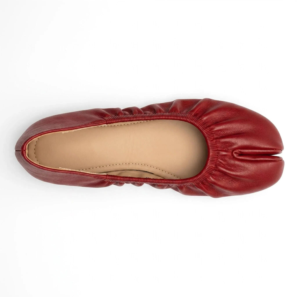 ZQW Ruched Tabi Ballet Flats in red, top view – gathered ruched detail around toe, round split-toe silhouette, soft vegan leather, cushioned insole