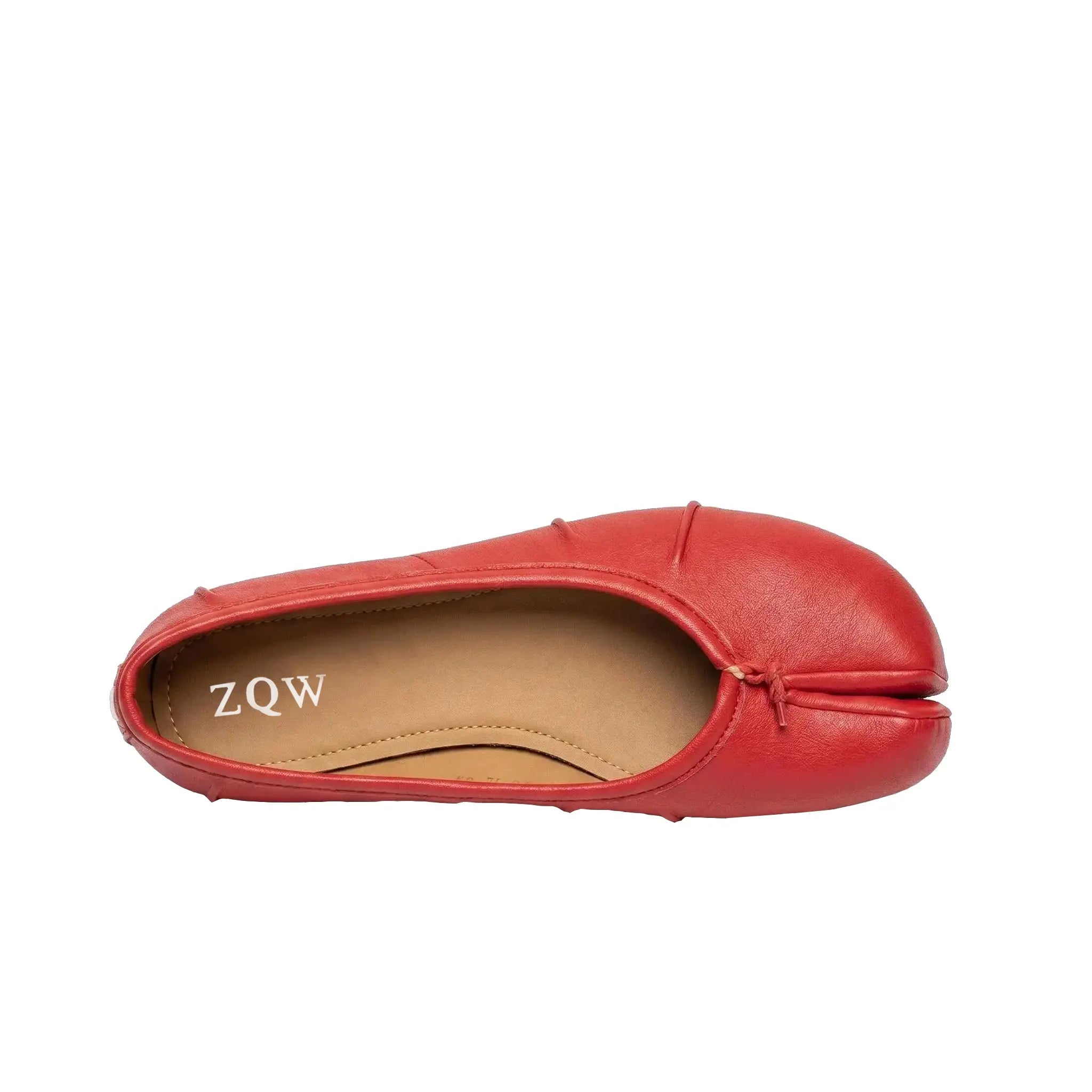 ZQW Ruched Tabi Ballet Flats in red, top view – gathered ruched detail around toe, round split-toe silhouette, soft vegan leather, cushioned insole