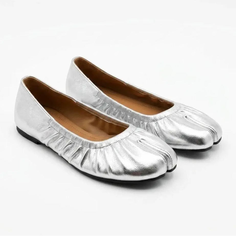 ZQW Ruched Tabi Ballet Flats in silver, pair 45-degree view – matching ruched tabi flats, low heel, perfect for daily casual or office wear