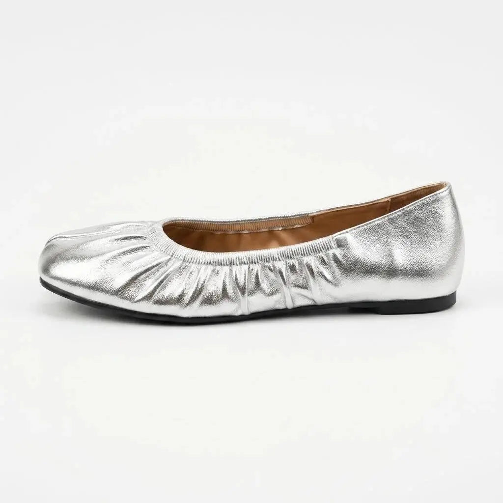 ZQW Ruched Tabi Ballet Flats in silver, side view – low 0.28-inch heel, anti-slip rubber outsole, slip-on style with ruched trim, wide-foot friendly