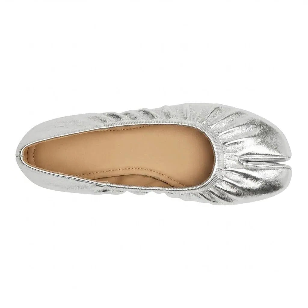 ZQW Ruched Tabi Ballet Flats in silver, top view – gathered ruched detail around toe, round split-toe silhouette, soft vegan leather, cushioned insole