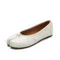 ZQW Ruched Tabi Ballet Flats in white, 45-degree angle view – ruched vegan leather upper, split-toe design, low 0.7cm heel, easy slip-on