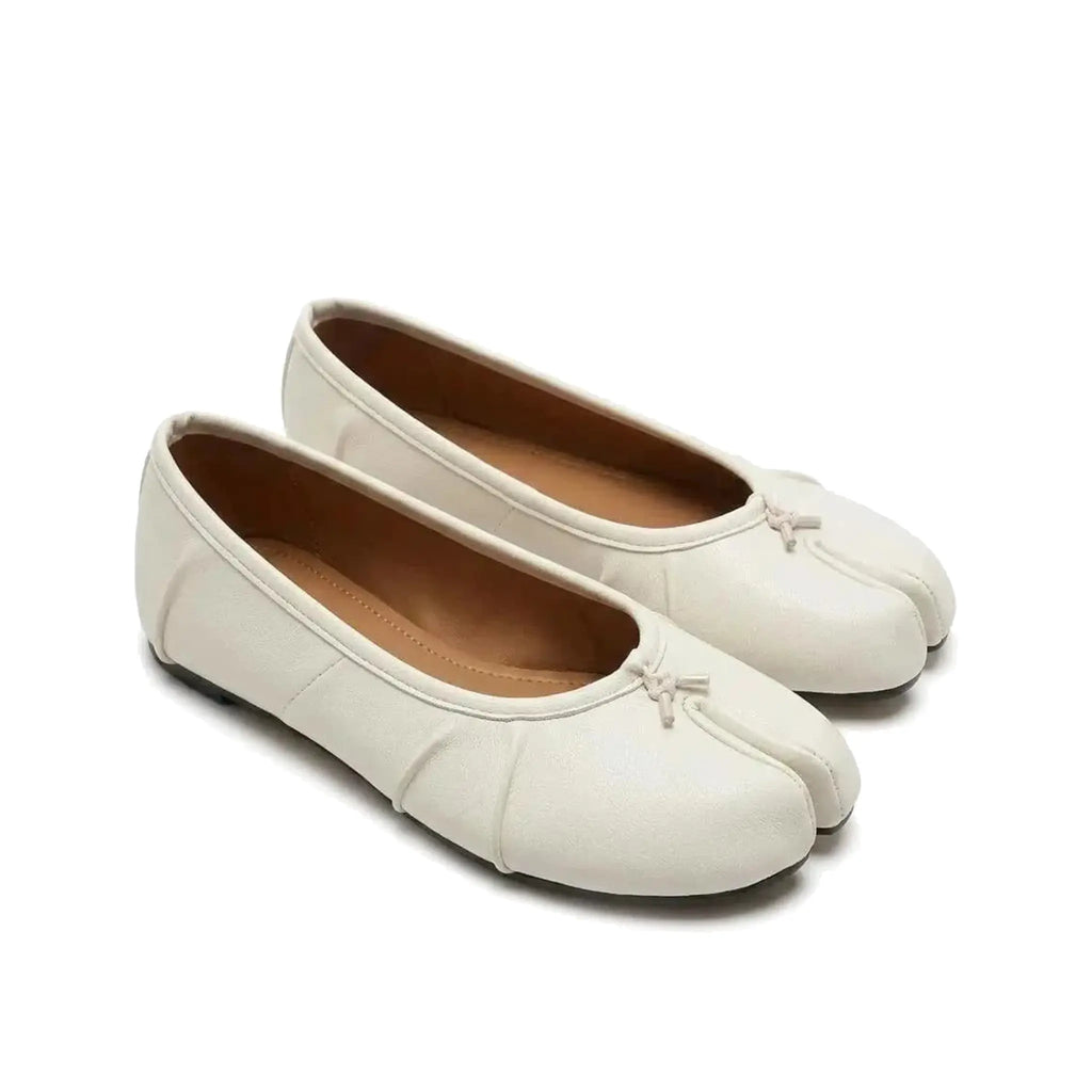 ZQW Ruched Tabi Ballet Flats in white, pair 45-degree view – matching ruched tabi flats, low heel, perfect for daily casual or office wear