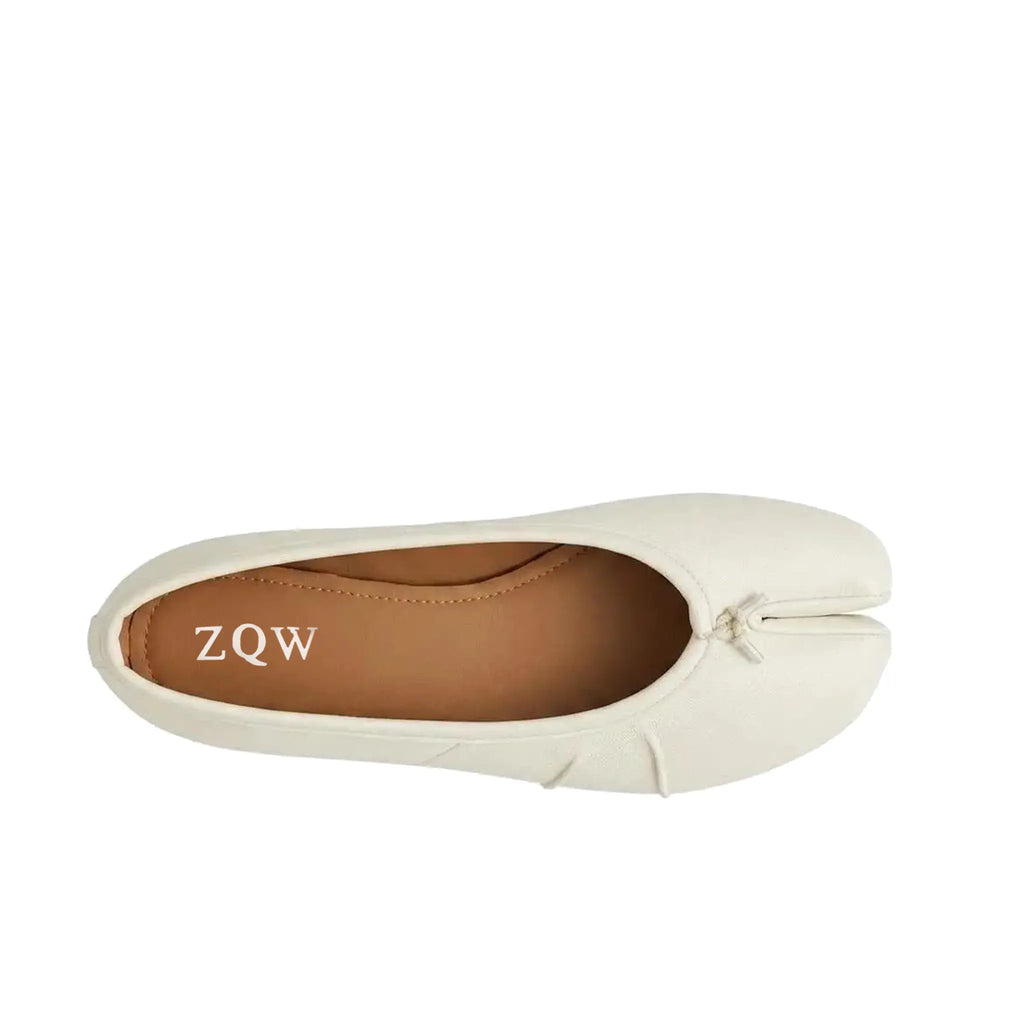 ZQW Ruched Tabi Ballet Flats in white, top view – gathered ruched detail around toe, round split-toe silhouette, soft vegan leather, cushioned insole
