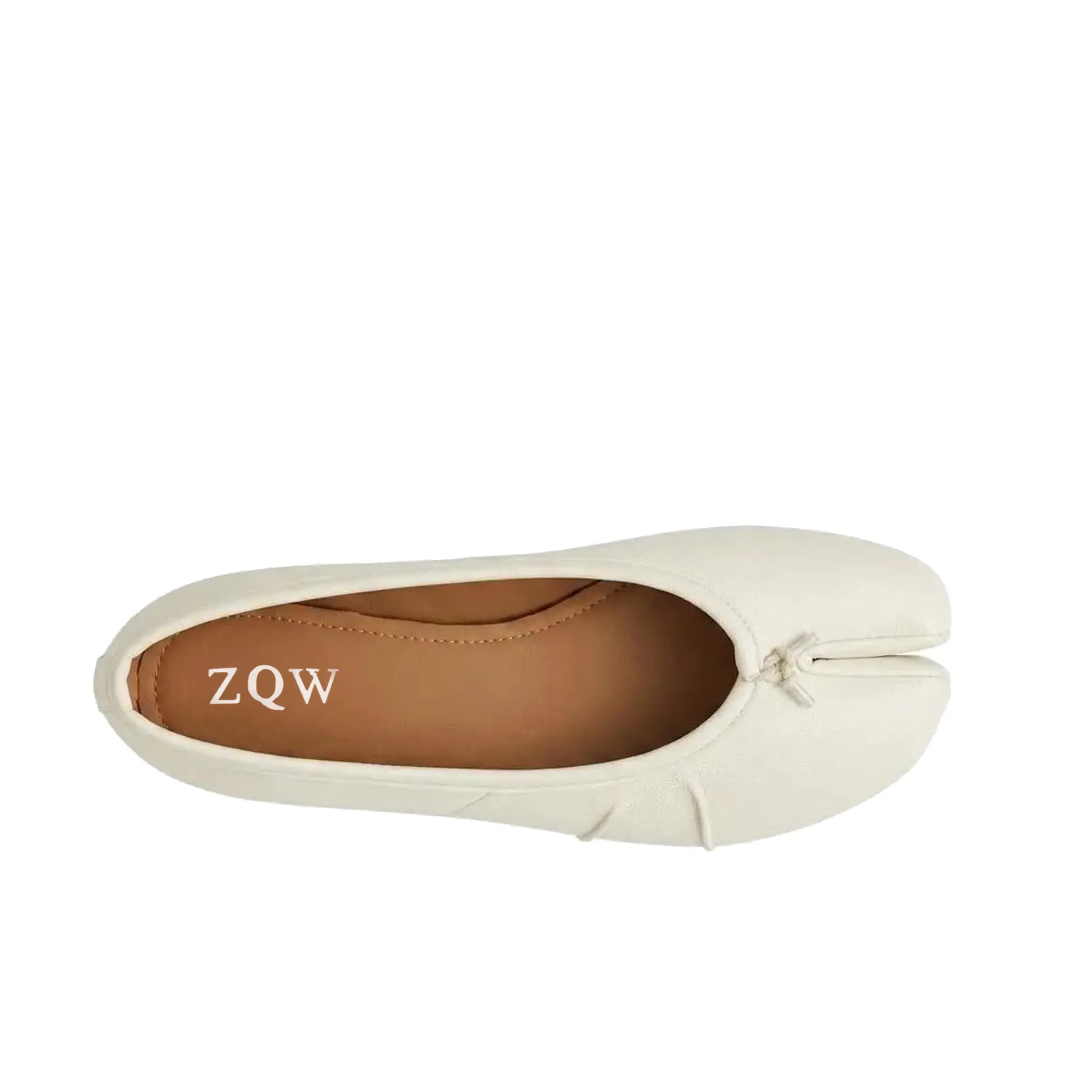 ZQW Ruched Tabi Ballet Flats in white, top view – gathered ruched detail around toe, round split-toe silhouette, soft vegan leather, cushioned insole