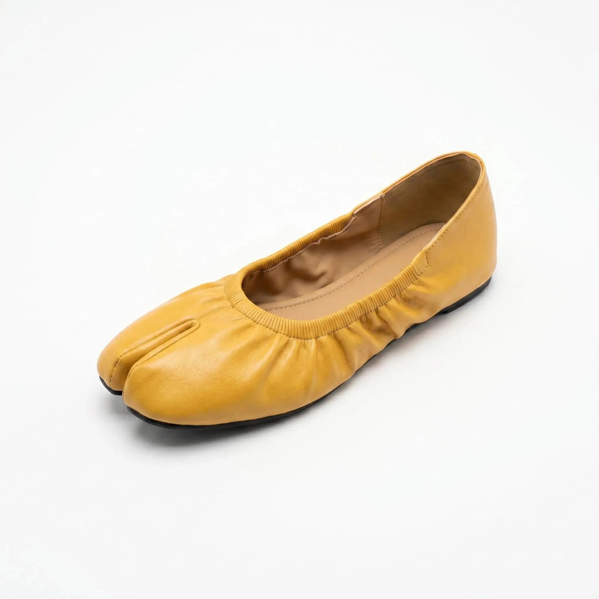 ZQW Ruched Tabi Ballet Flats in yellow, 45-degree angle view – ruched vegan leather upper, split-toe design, low 0.7cm heel, easy slip-on