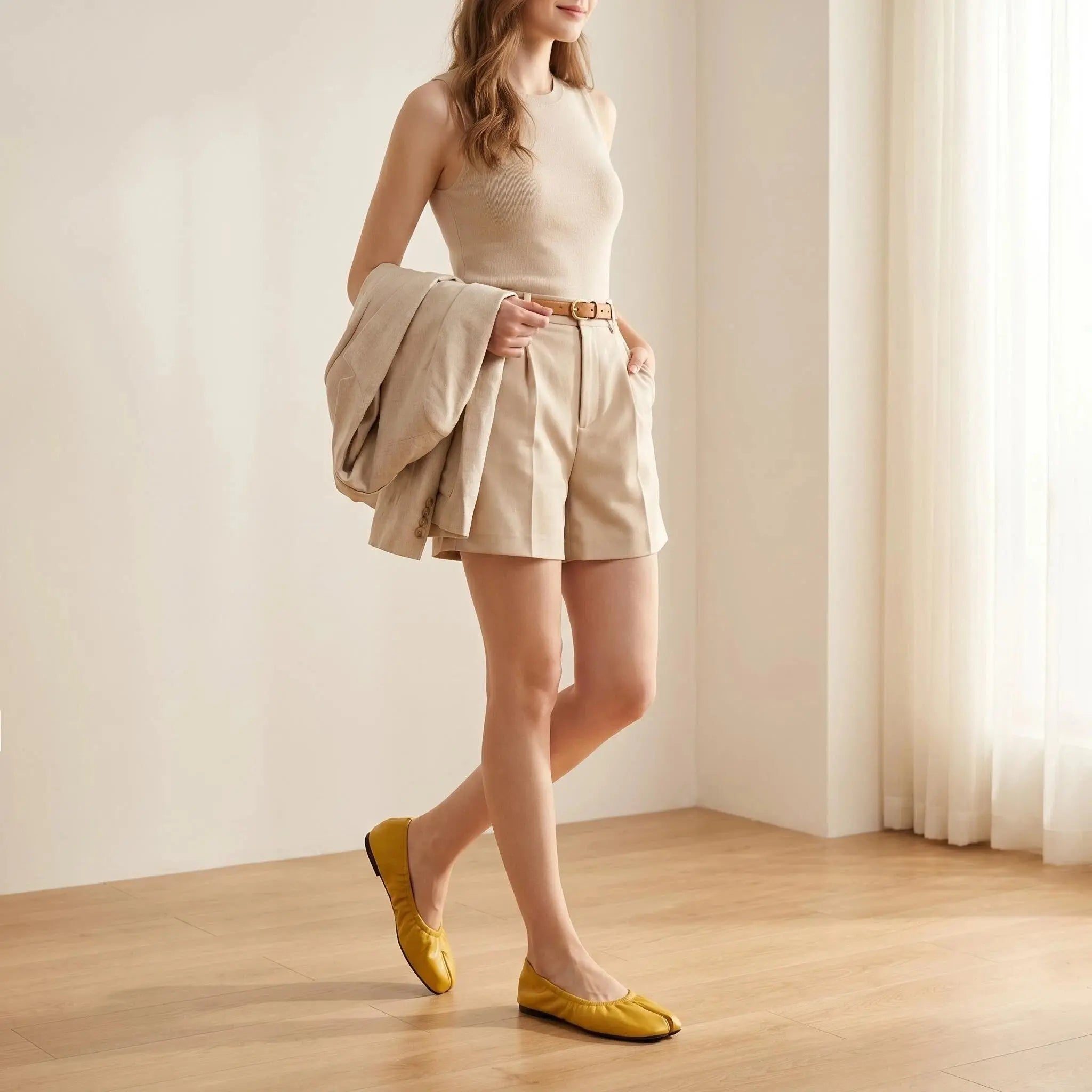 ZQW Ruched Tabi Ballet Flats in yellow, model wearing – cheerful ruched flats with tabi design, bright yellow color, comfortable for travel or work