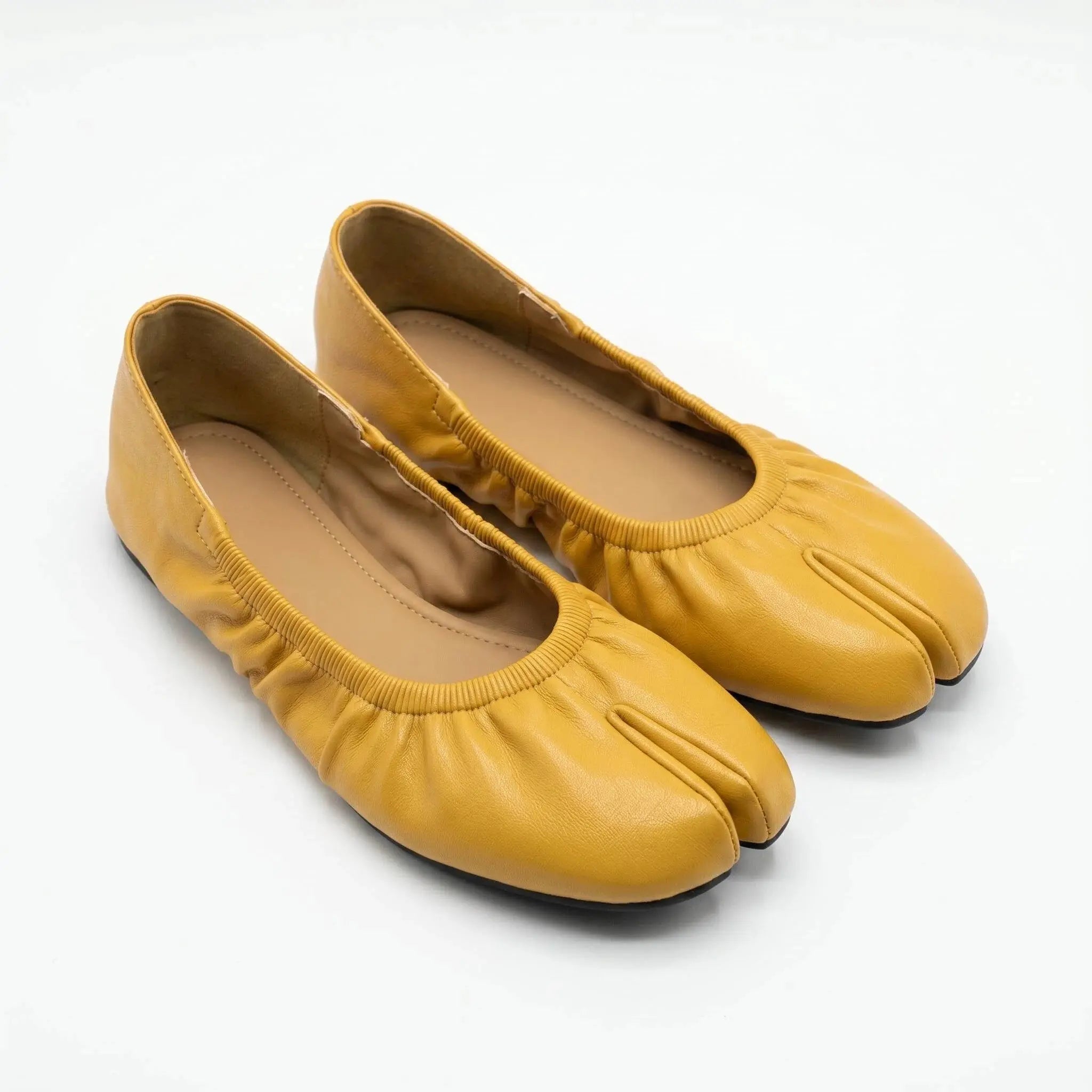 ZQW Ruched Tabi Ballet Flats in yellow, pair 45-degree view – matching ruched tabi flats, low heel, perfect for daily casual or office wear
