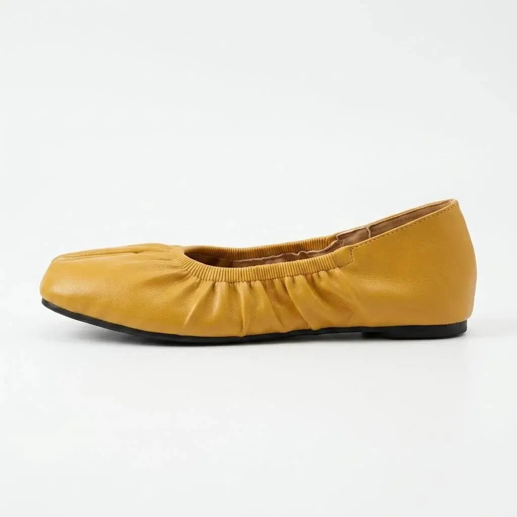 ZQW Ruched Tabi Ballet Flats in yellow, side view – low 0.28-inch heel, anti-slip rubber outsole, slip-on style with ruched trim, wide-foot friendly