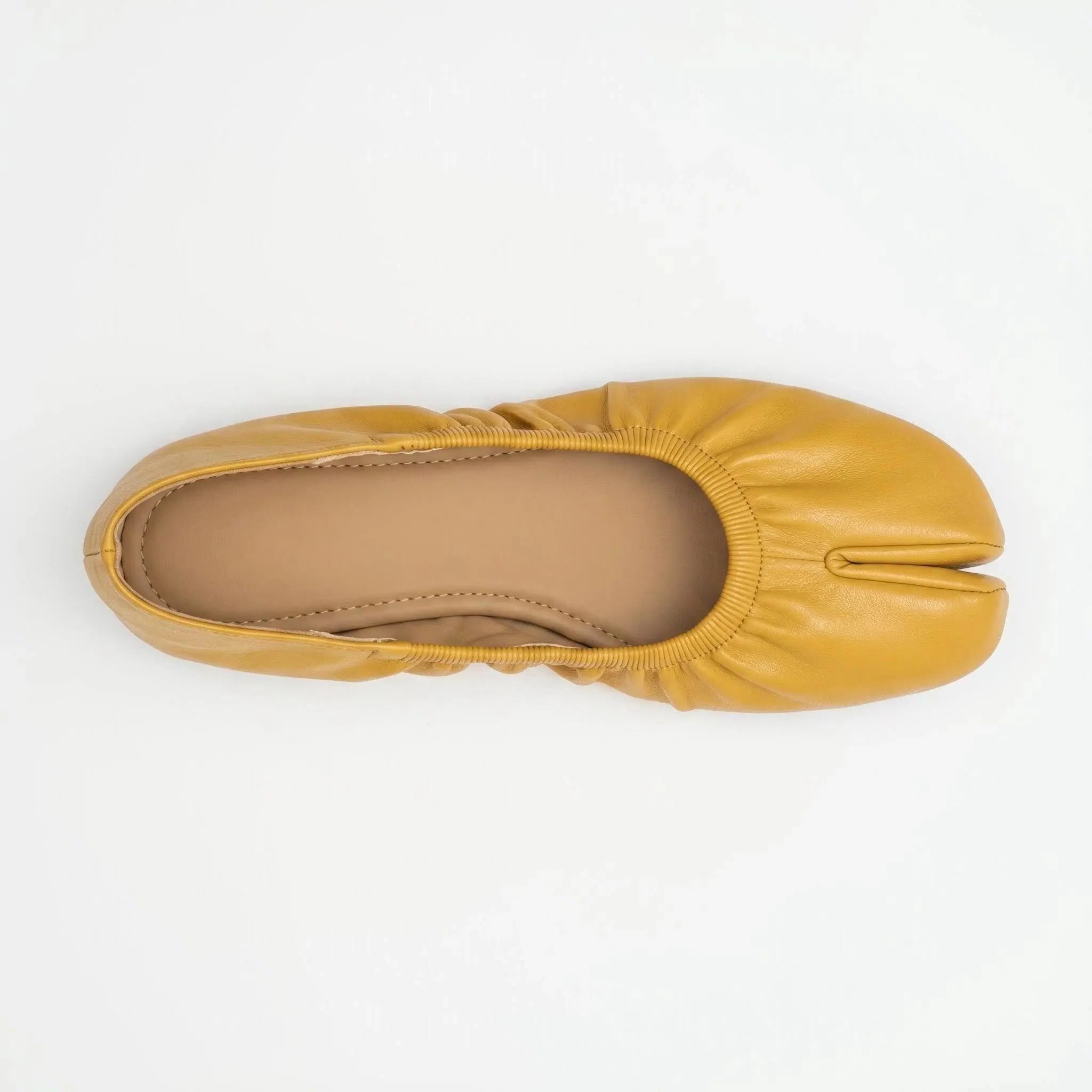 ZQW Ruched Tabi Ballet Flats in yellow, top view – gathered ruched detail around toe, round split-toe silhouette, soft vegan leather, cushioned insole