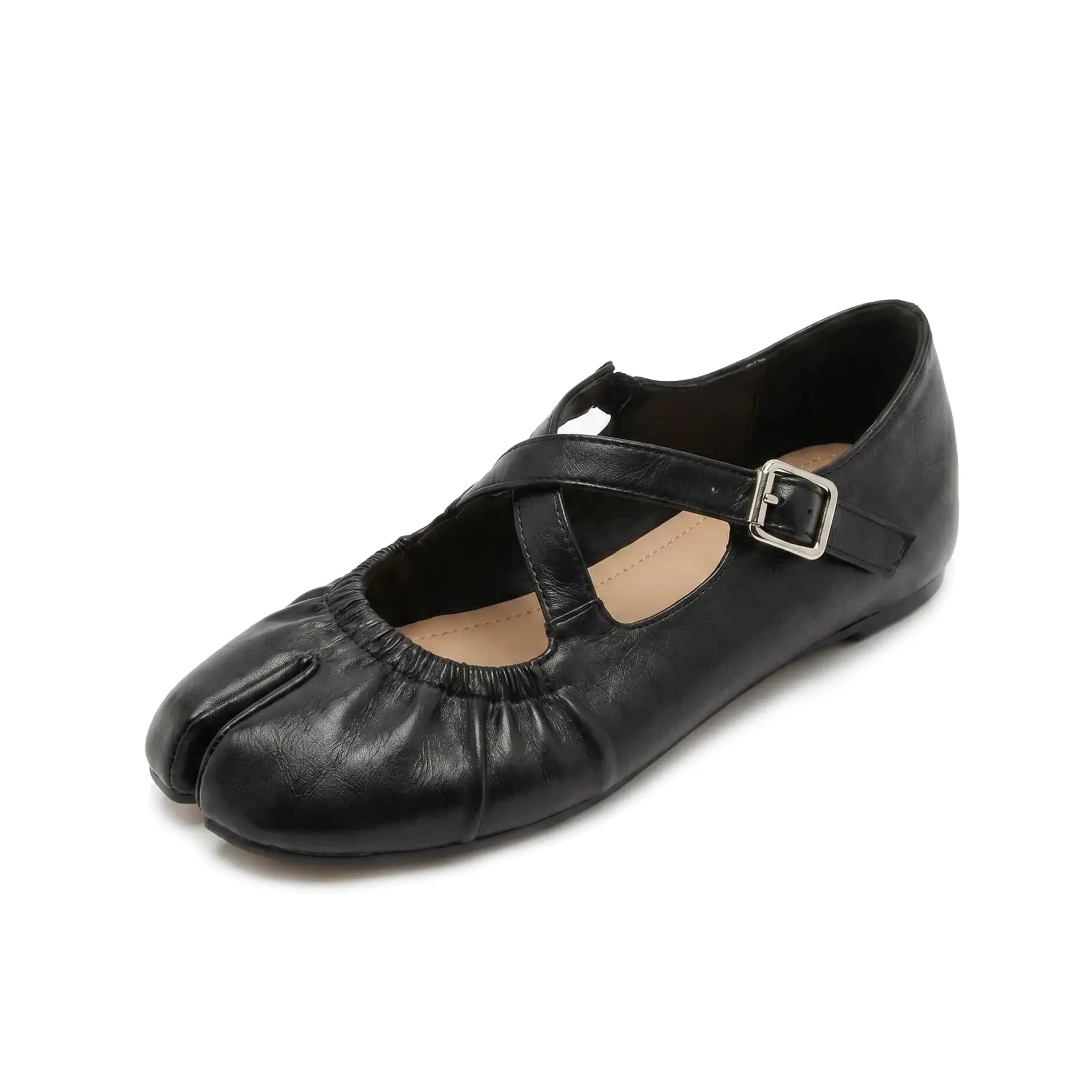 ZQW Ruched Tabi Mary Janes in black, 45-degree angle view – ruched vegan leather upper, elastic cross strap with adjustable buckle, split-toe design, low 0.7cm heel