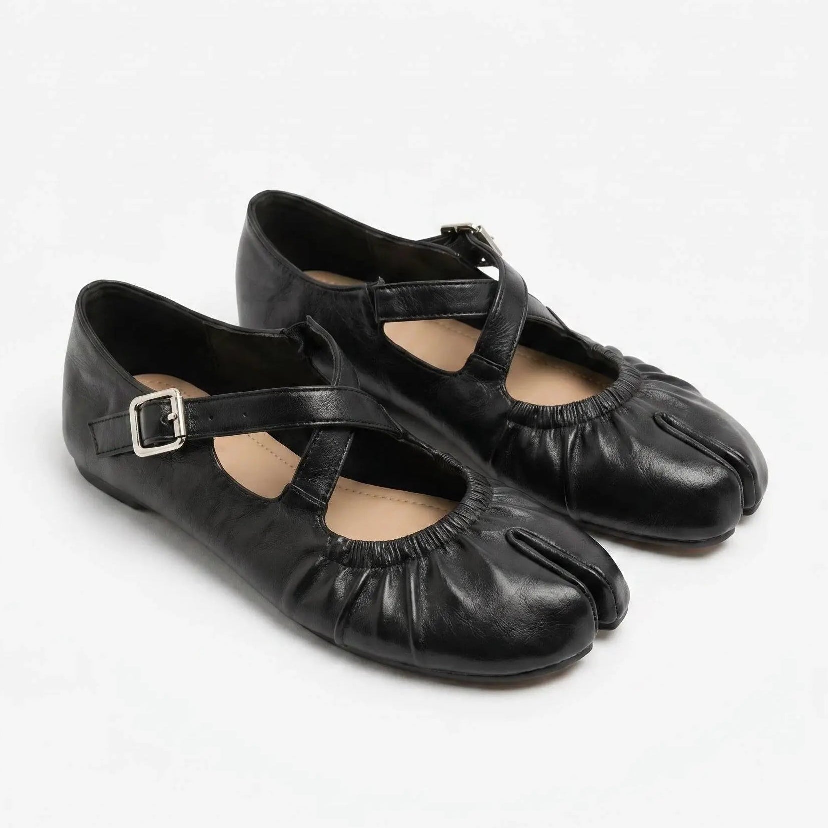 ZQW Ruched Tabi Mary Janes in black, pair 45-degree view – matching ballet-inspired tabi flats with ruched texture and elastic strap, perfect for daily wear
