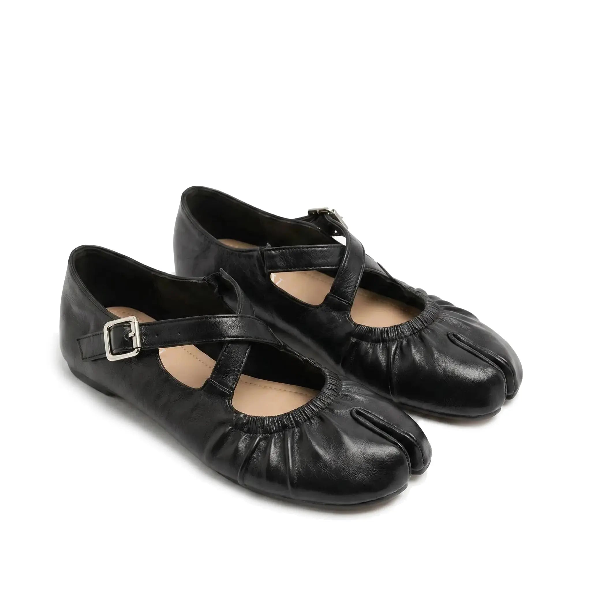 ZQW Ruched Tabi Mary Janes in black, pair 45-degree view – matching ballet-inspired tabi flats with ruched texture and elastic strap, perfect for daily wear