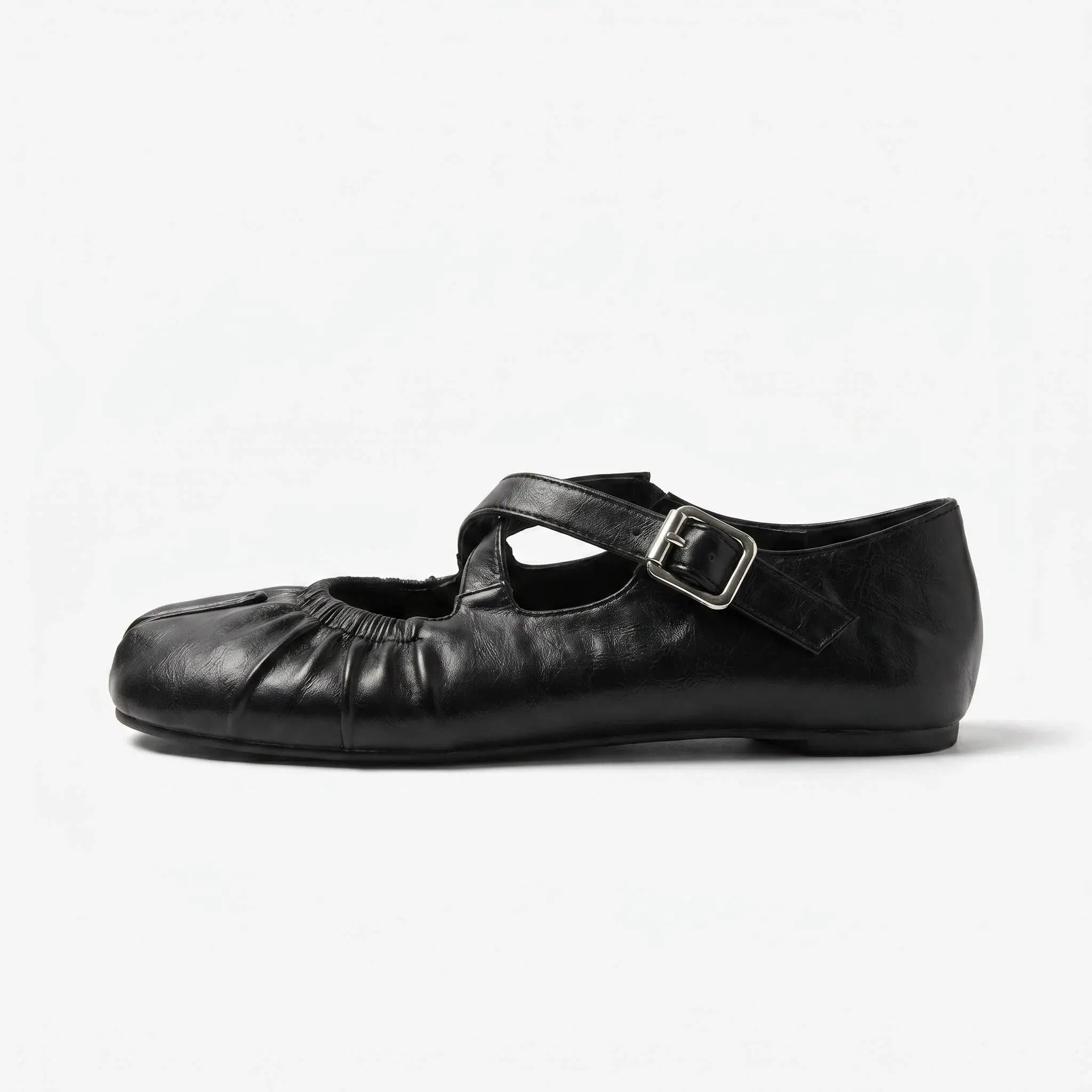 ZQW Ruched Tabi Mary Janes in black, side view – low 0.28-inch heel, anti-slip rubber outsole, soft vegan leather, adjustable buckle closure
