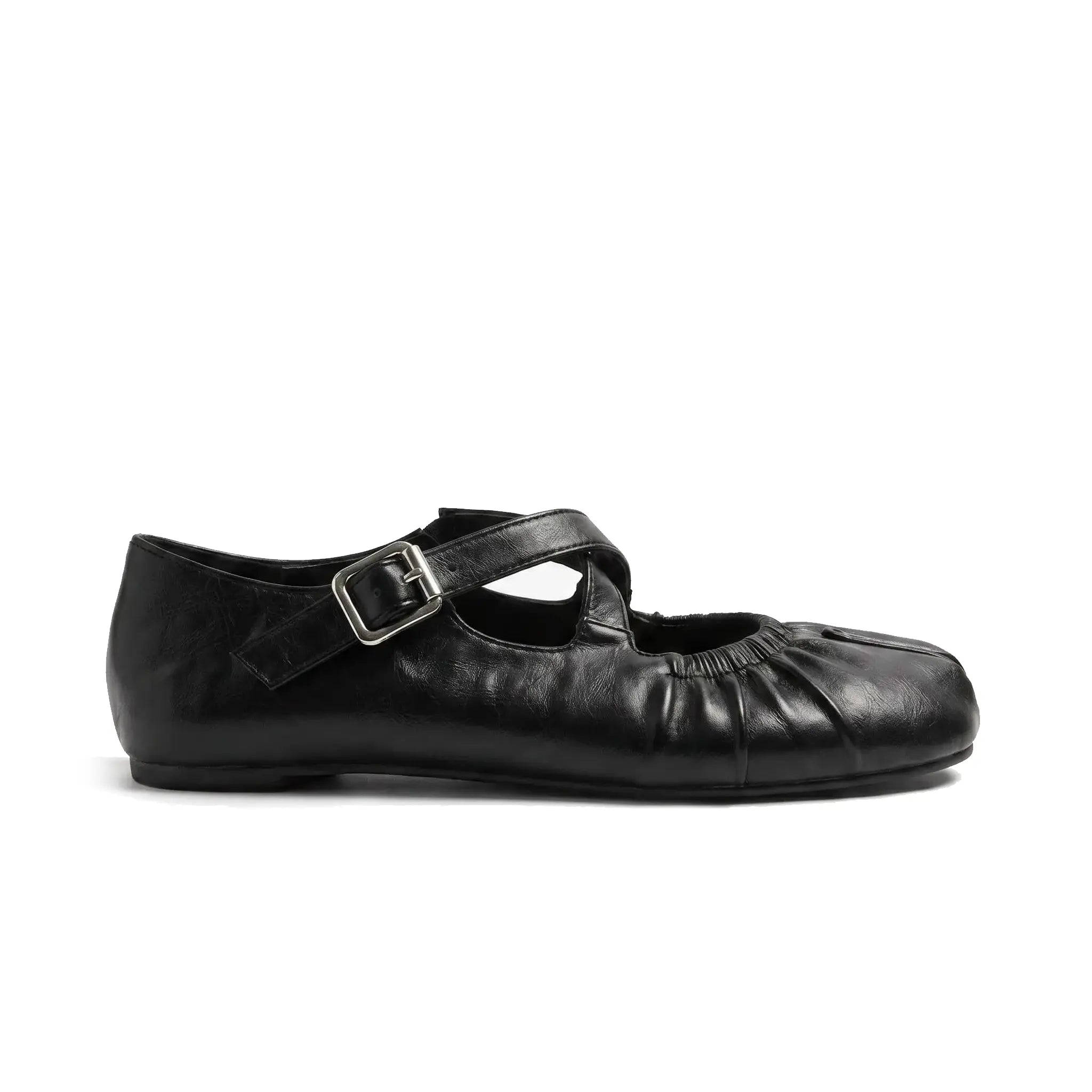ZQW Ruched Tabi Mary Janes in black, side view – low 0.28-inch heel, anti-slip rubber outsole, soft vegan leather, adjustable buckle closure