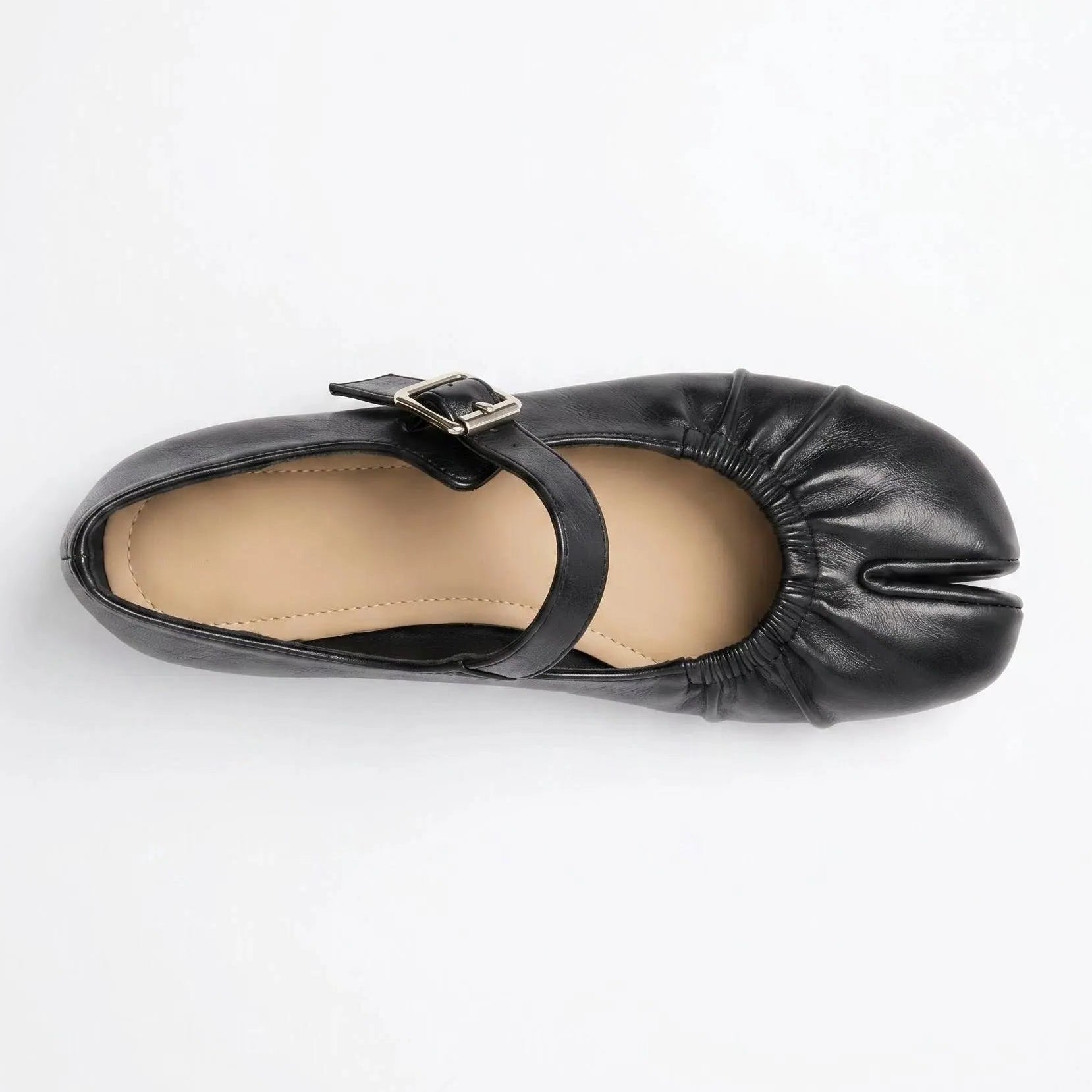 ZQW Ruched Tabi Mary Janes in black, top view – gathered ruched detail, cross strap with elastic connector, round split toe, wide-foot friendly silhouette