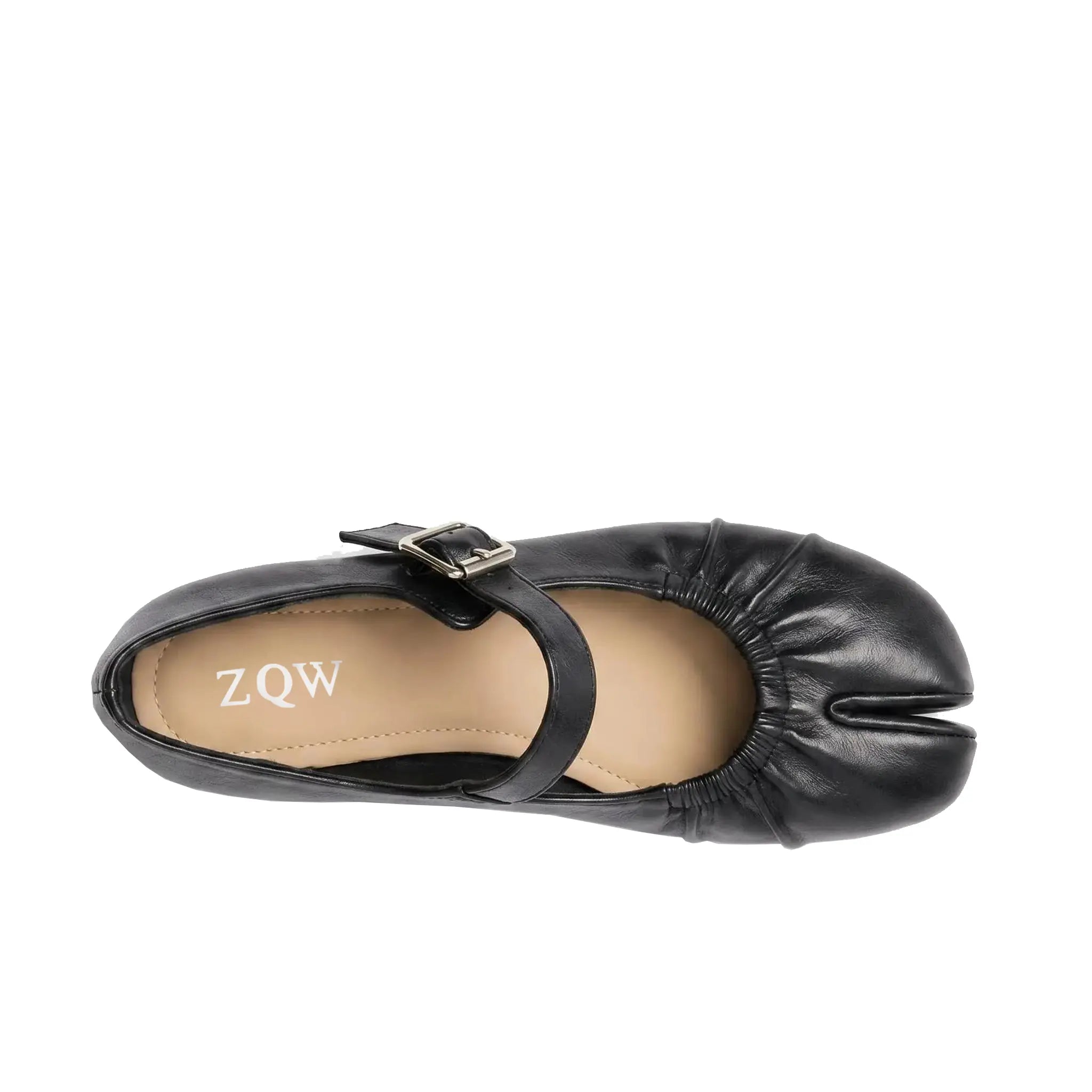 ZQW Ruched Tabi Mary Janes in black, top view – gathered ruched detail, cross strap with elastic connector, round split toe, wide-foot friendly silhouette