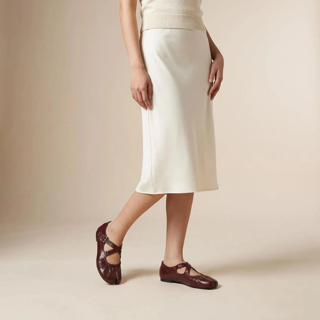 ZQW Ruched Tabi Mary Janes in brown, model wearing – cute ruched Mary Jane flats with tabi design, comfortable for work or casual outings