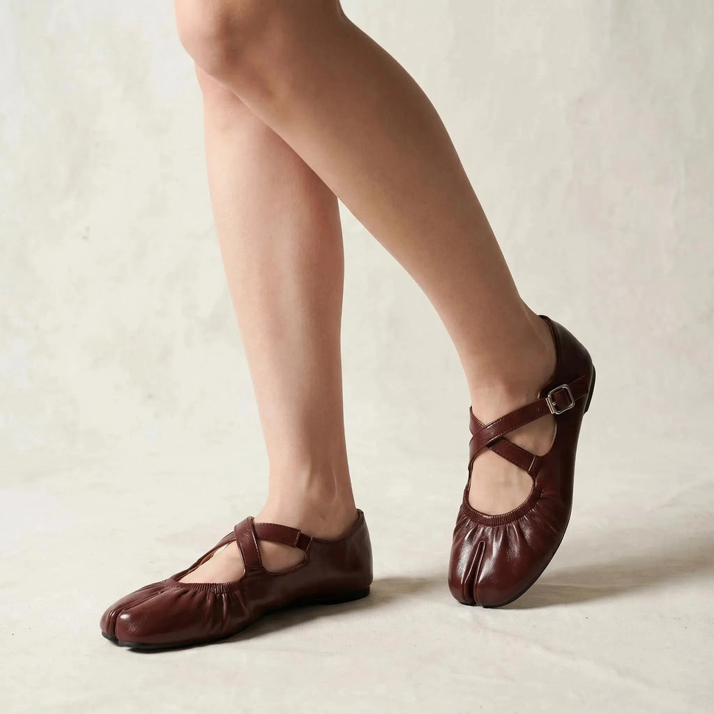 ZQW Ruched Tabi Mary Janes in brown, worn on feet close-up – cross strap with elastic connector provides flexible fit, split toe allows natural movement, cushioned insole