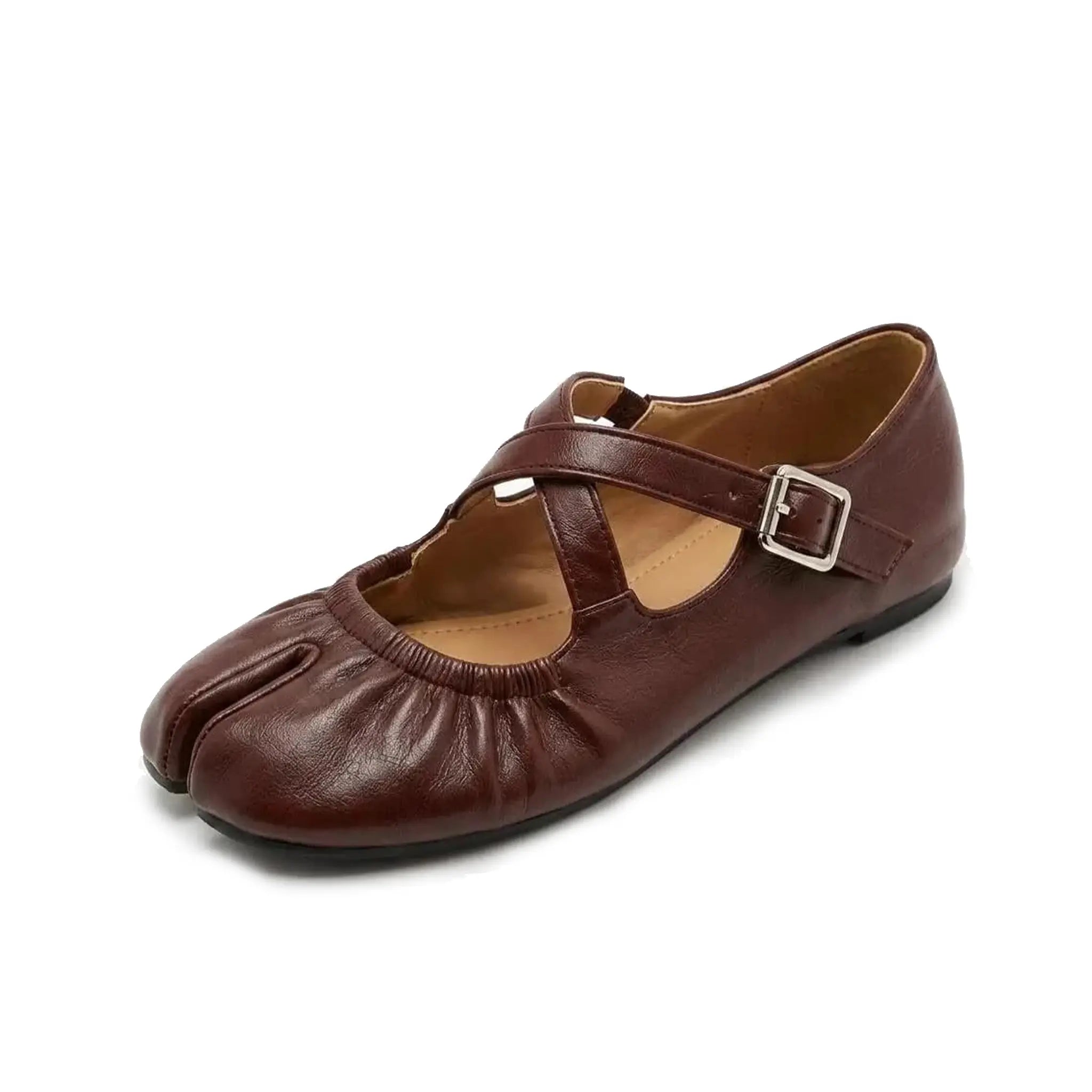 ZQW Ruched Tabi Mary Janes in burgundy, 45-degree angle view – ruched vegan leather upper, elastic cross strap with adjustable buckle, split-toe design, low 0.7cm heel