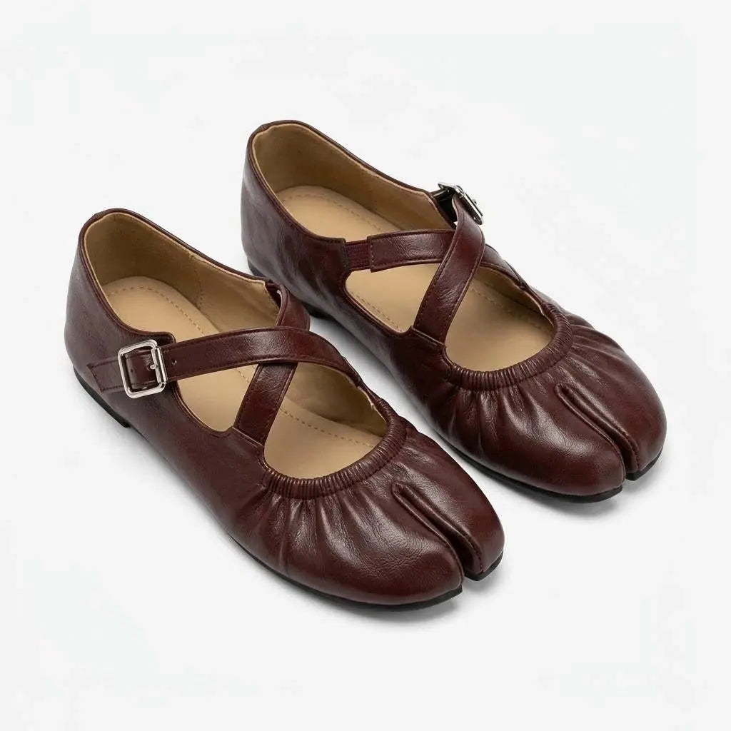 ZQW Ruched Tabi Mary Janes in burgundy, pair 45-degree view – matching ballet-inspired tabi flats with ruched texture and elastic strap, perfect for daily wear