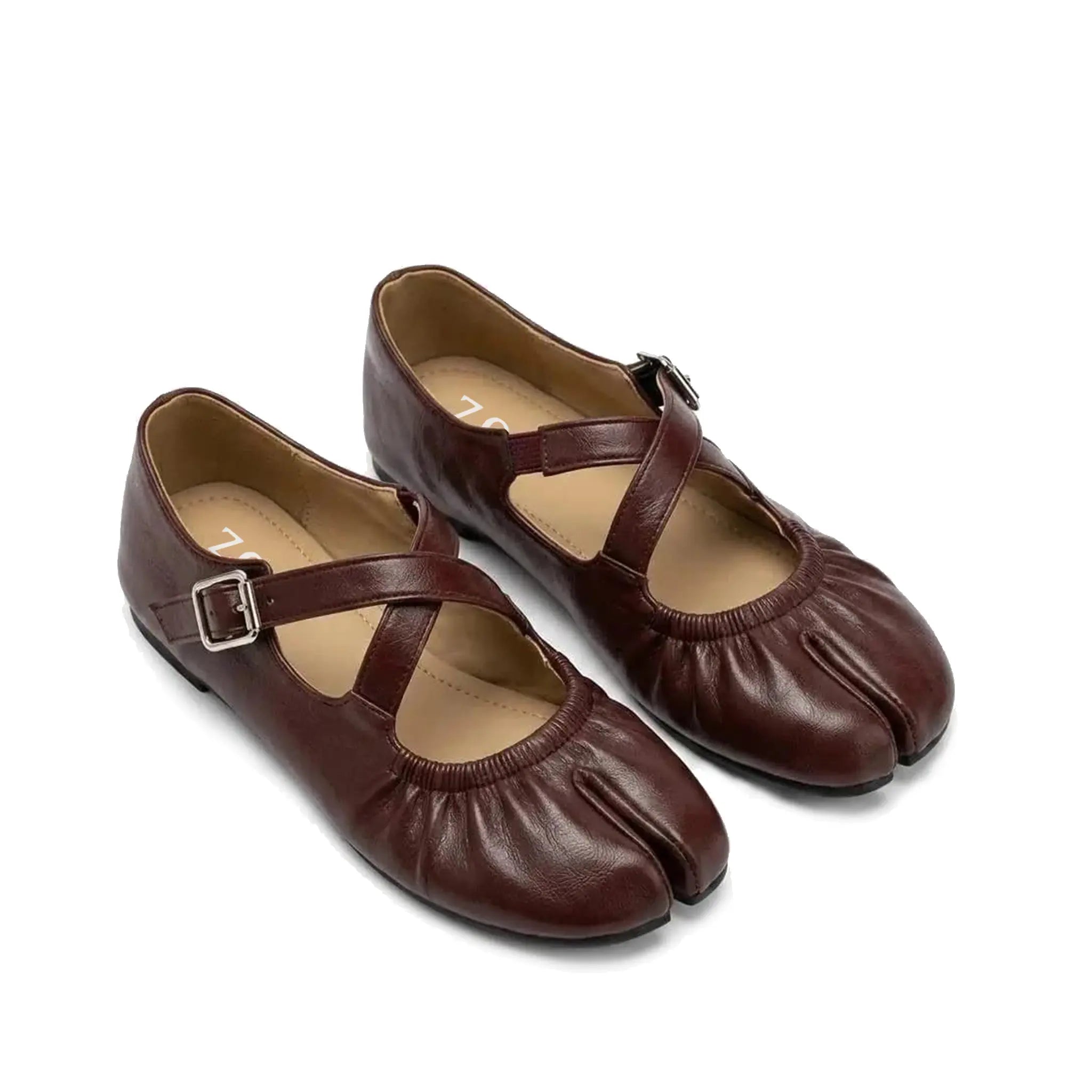 ZQW Ruched Tabi Mary Janes in burgundy, pair 45-degree view – matching ballet-inspired tabi flats with ruched texture and elastic strap, perfect for daily wear