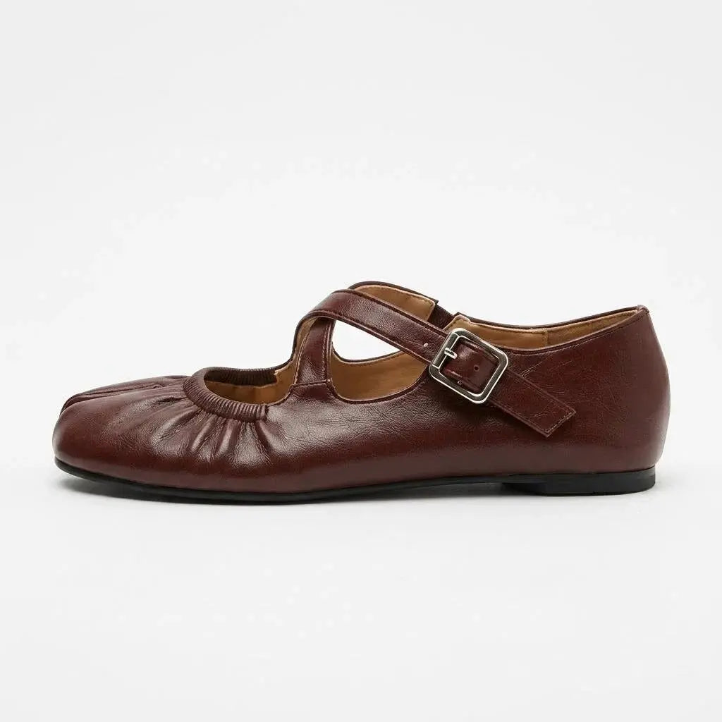 ZQW Ruched Tabi Mary Janes in burgundy, side view – low 0.28-inch heel, anti-slip rubber outsole, soft vegan leather, adjustable buckle closure