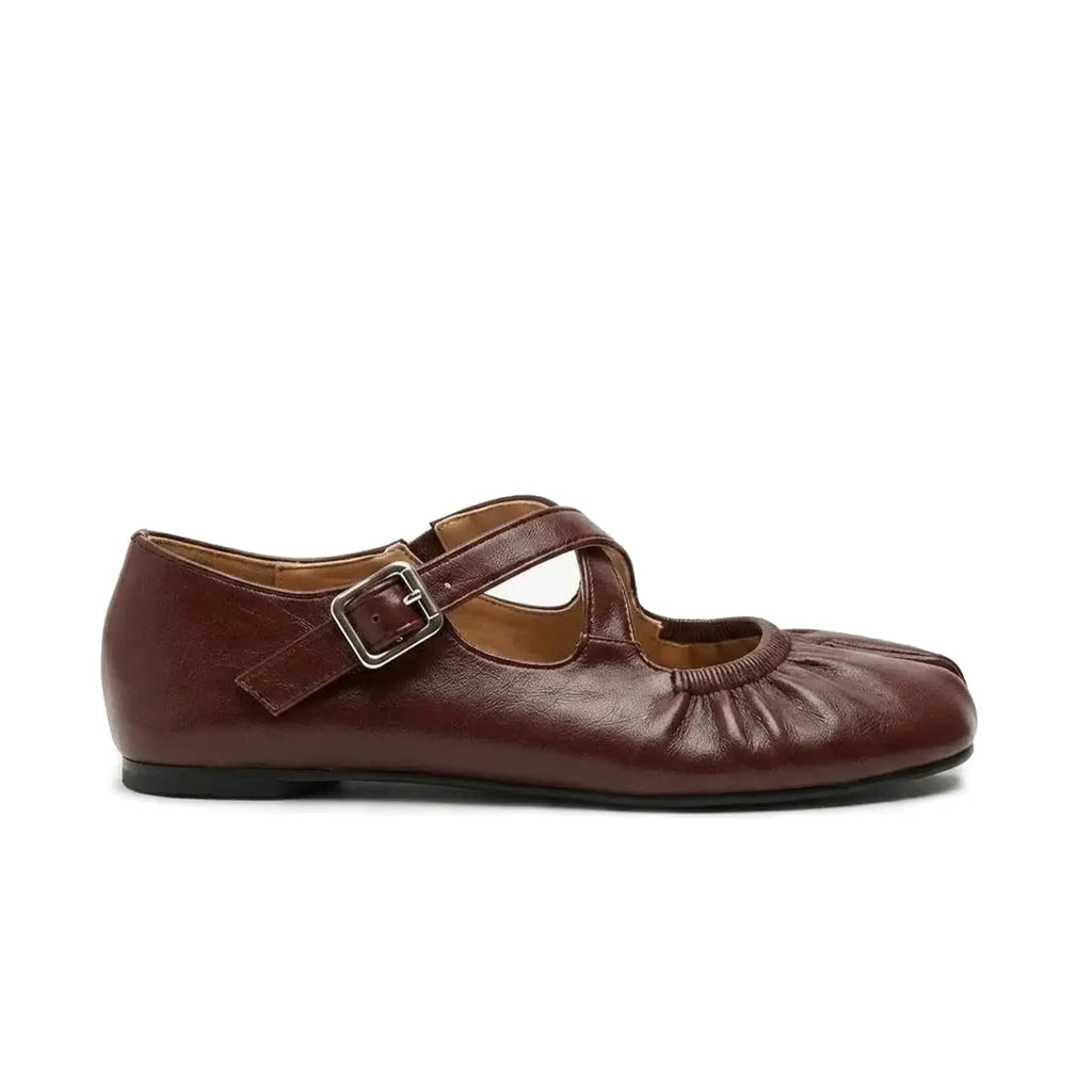 ZQW Ruched Tabi Mary Janes in burgundy, side view – low 0.28-inch heel, anti-slip rubber outsole, soft vegan leather, adjustable buckle closure