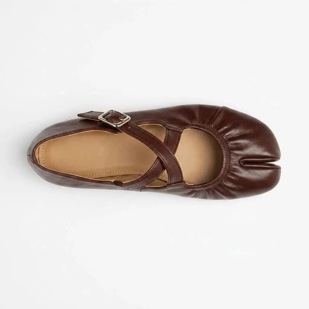 ZQW Ruched Tabi Mary Janes in burgundy, top view – gathered ruched detail, cross strap with elastic connector, round split toe, wide-foot friendly silhouette