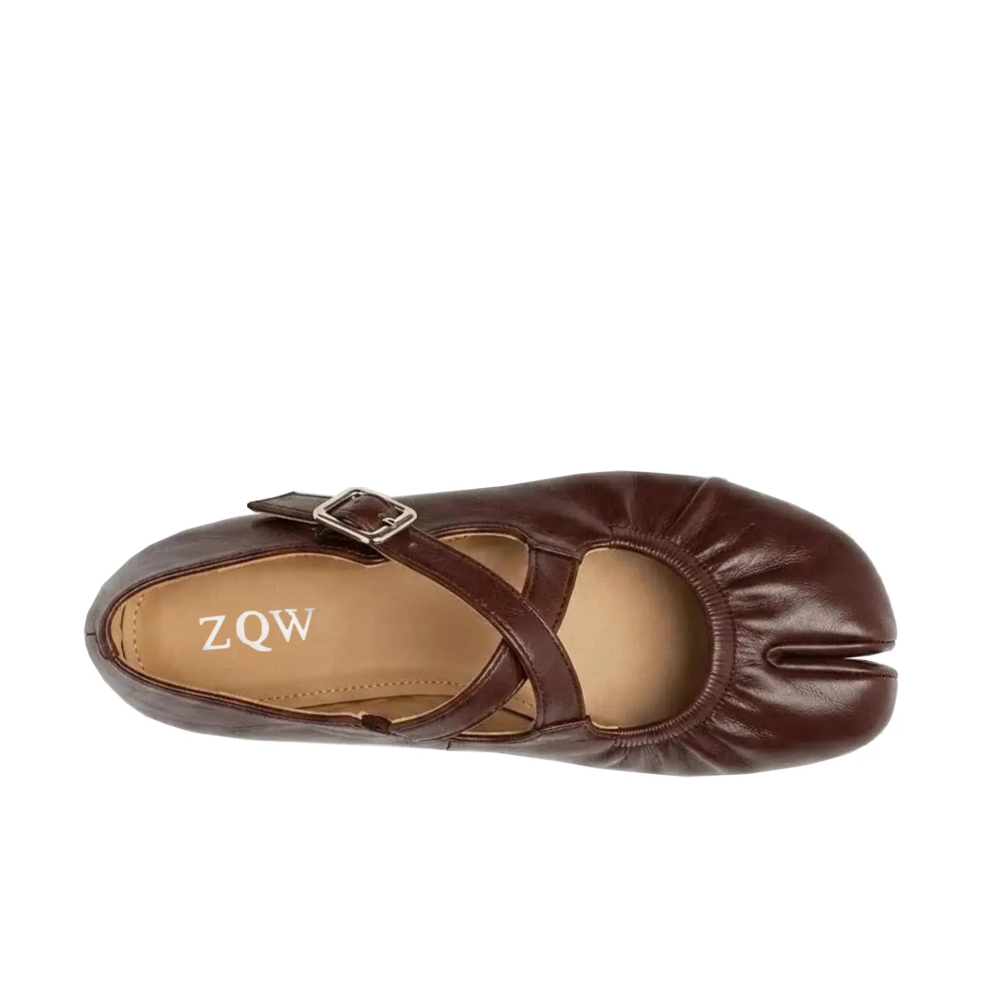 ZQW Ruched Tabi Mary Janes in burgundy, top view – gathered ruched detail, cross strap with elastic connector, round split toe, wide-foot friendly silhouette
