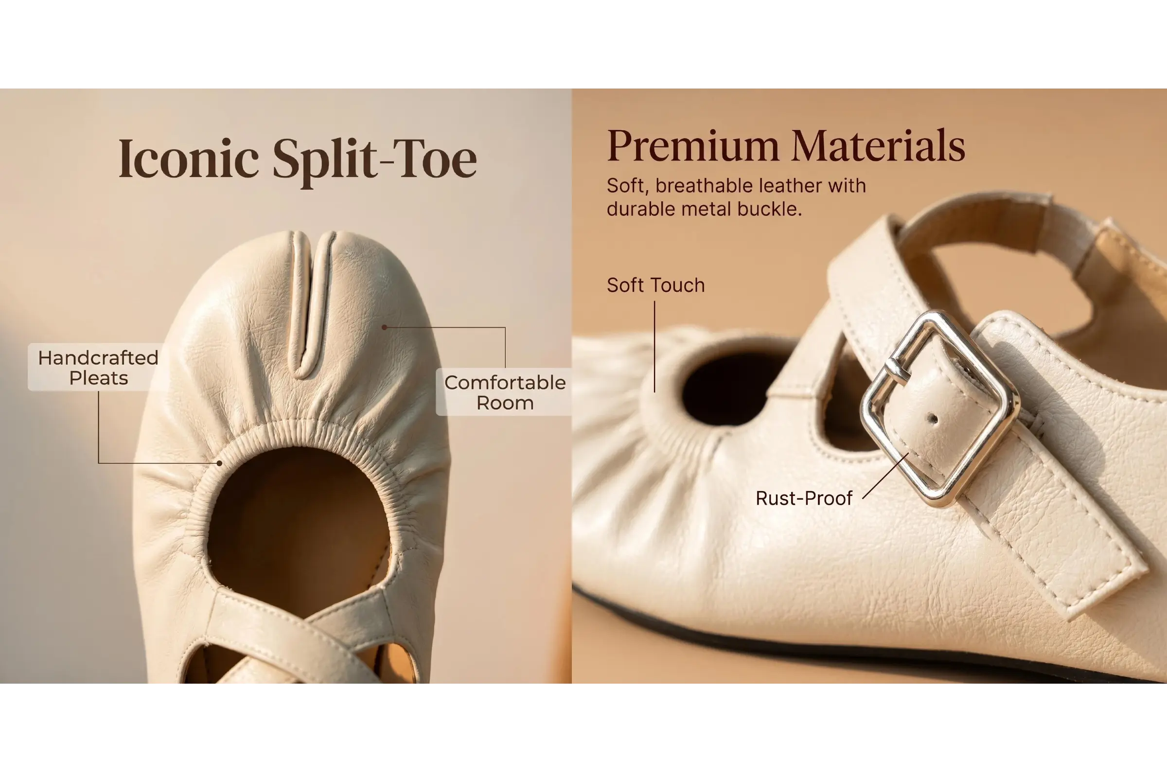 Beige shoe with split-toe design and features highlighted on a beige background