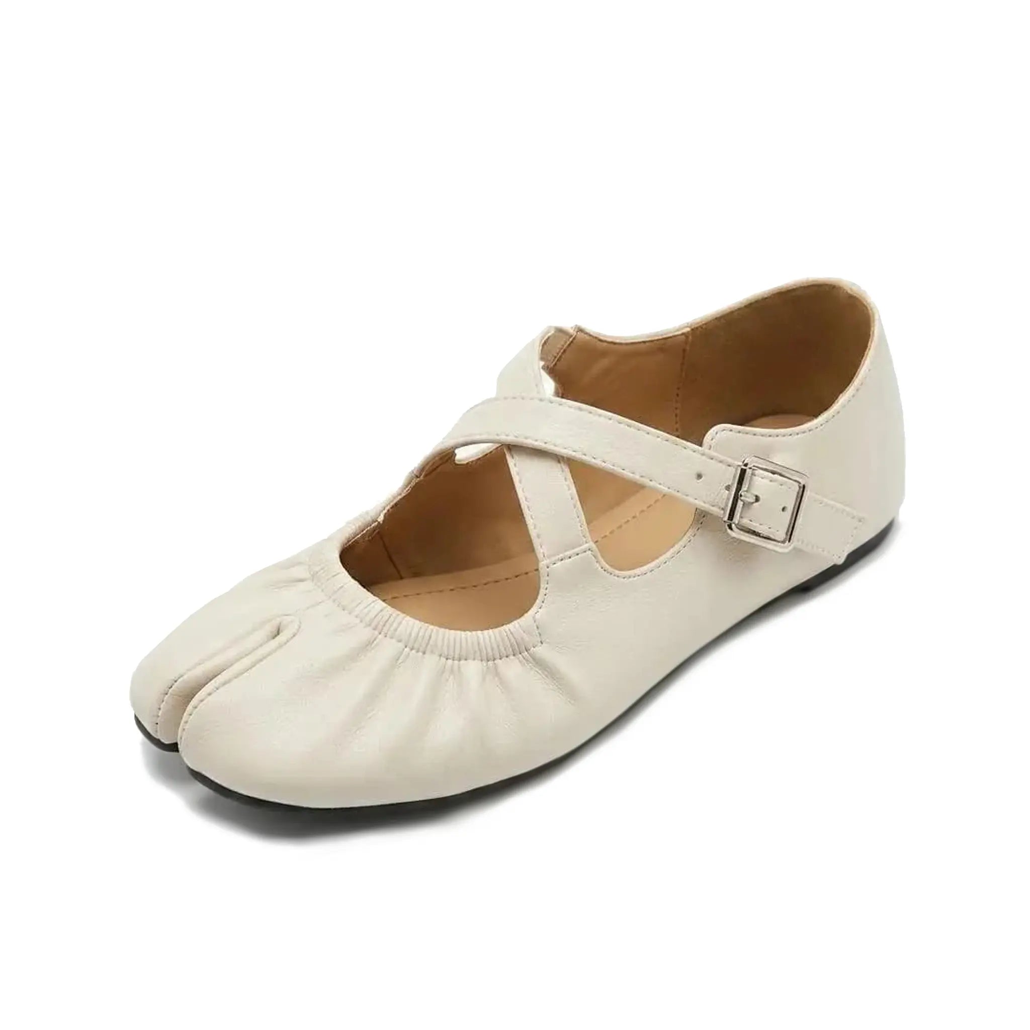 ZQW Ruched Tabi Mary Janes in white, 45-degree angle view – ruched vegan leather upper, elastic cross strap with adjustable buckle, split-toe design, low 0.7cm heel