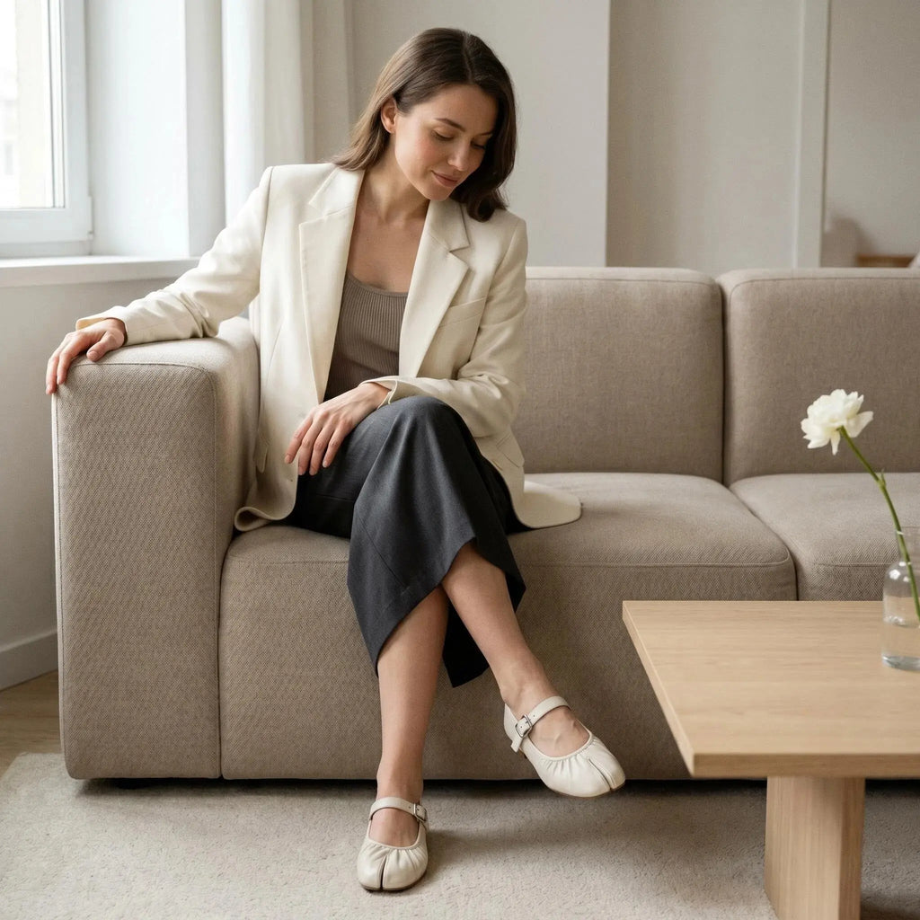 ZQW Ruched Tabi Mary Janes in white, model wearing – cute ruched Mary Jane flats with tabi design, comfortable for work or casual outings