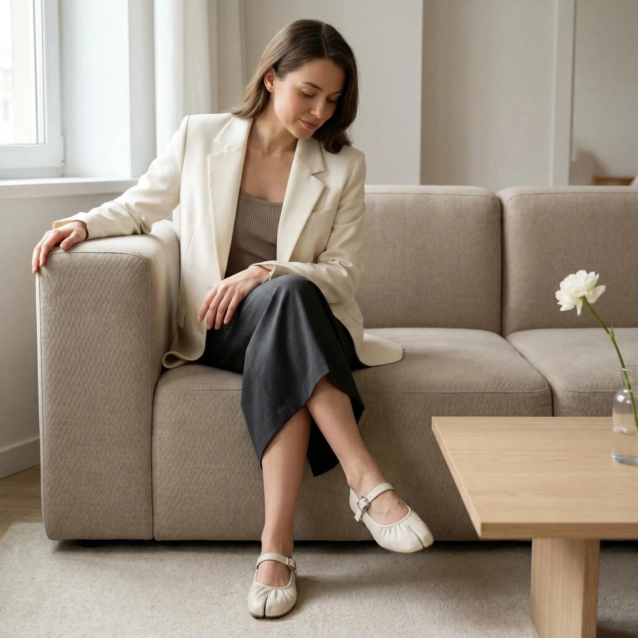 ZQW Ruched Tabi Mary Janes in white, model wearing – cute ruched Mary Jane flats with tabi design, comfortable for work or casual outings
