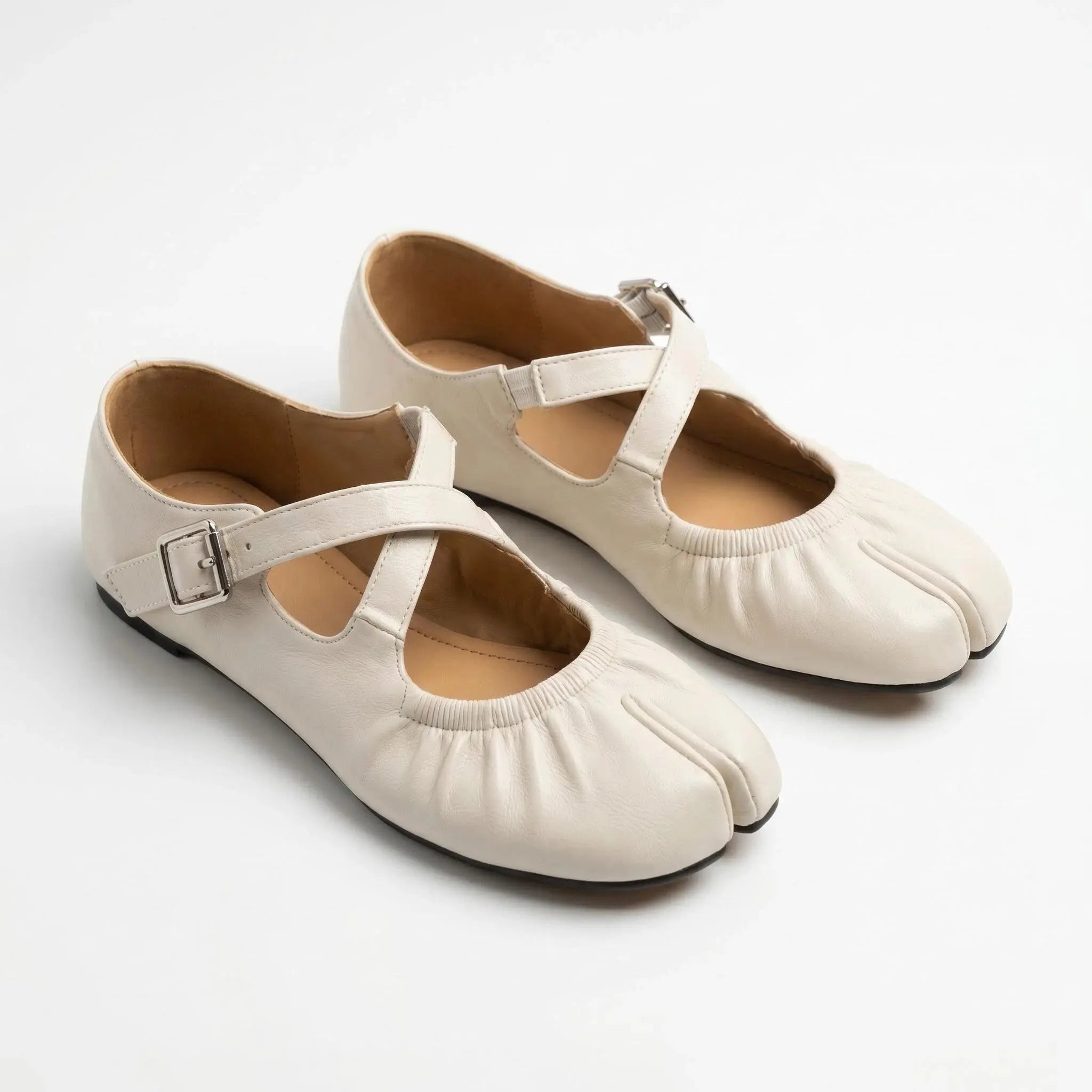 ZQW Ruched Tabi Mary Janes in white, pair 45-degree view – matching ballet-inspired tabi flats with ruched texture and elastic strap, perfect for daily wear