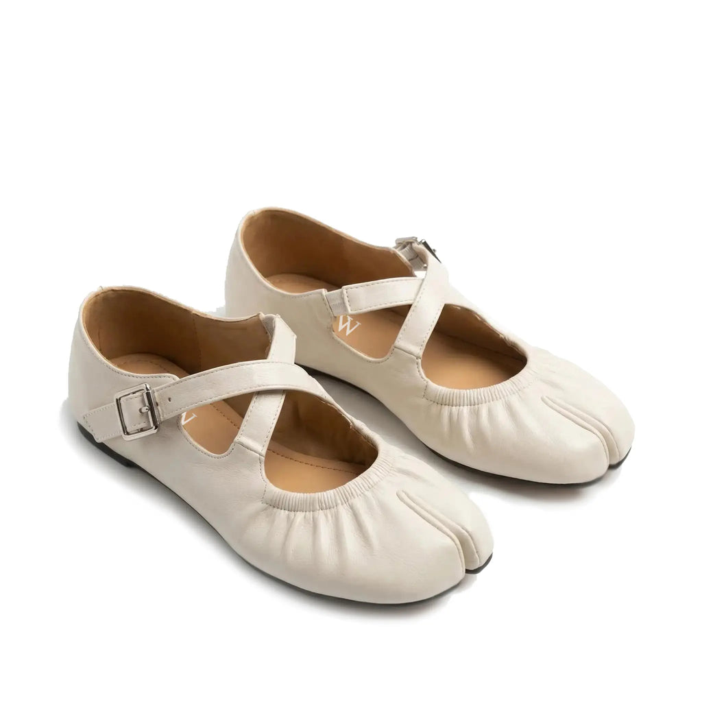 ZQW Ruched Tabi Mary Janes in white, pair 45-degree view – matching ballet-inspired tabi flats with ruched texture and elastic strap, perfect for daily wear