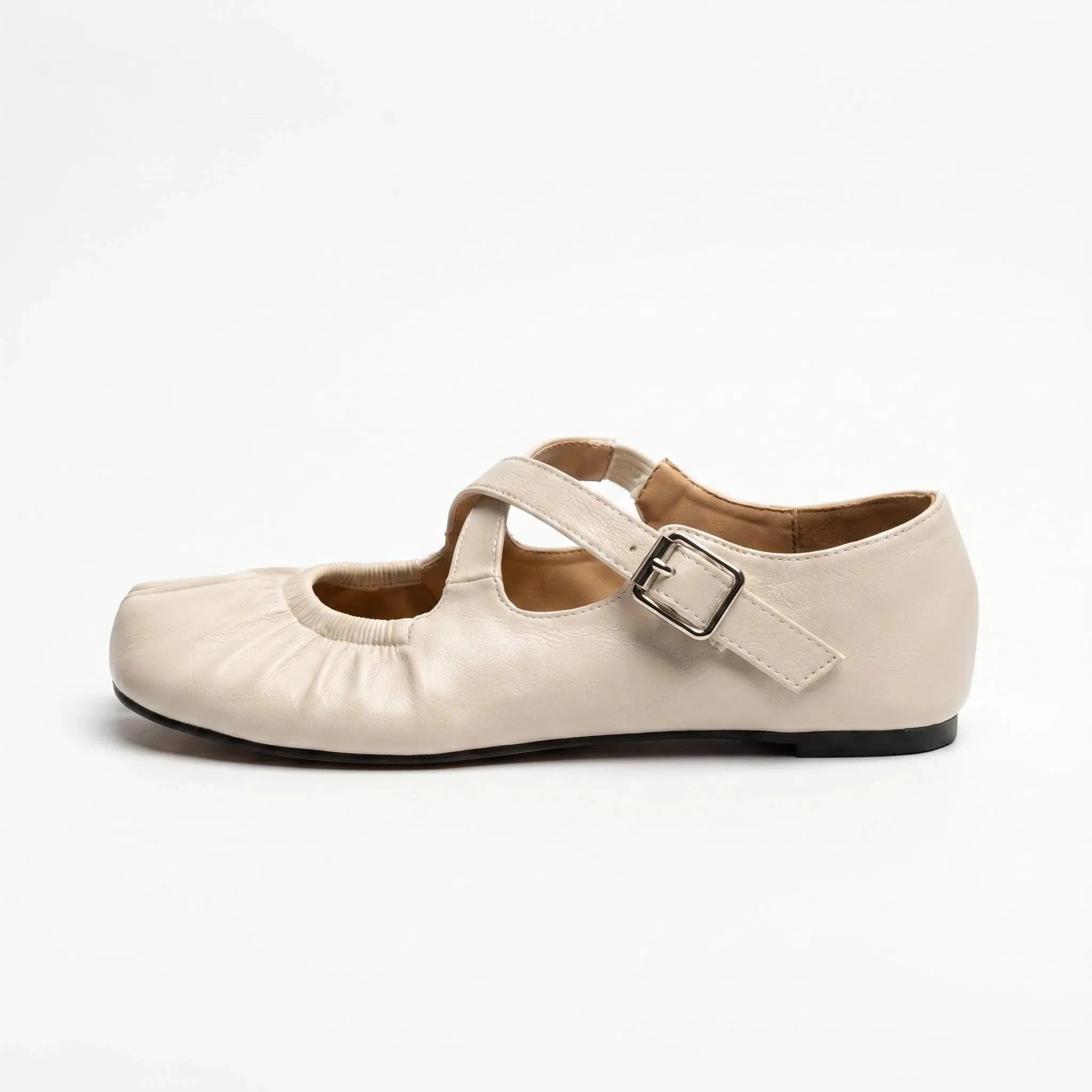 ZQW Ruched Tabi Mary Janes in white, side view – low 0.28-inch heel, anti-slip rubber outsole, soft vegan leather, adjustable buckle closure