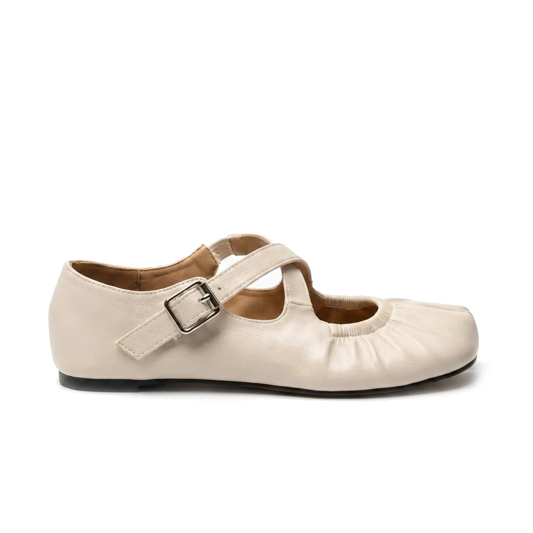 ZQW Ruched Tabi Mary Janes in white, side view – low 0.28-inch heel, anti-slip rubber outsole, soft vegan leather, adjustable buckle closure