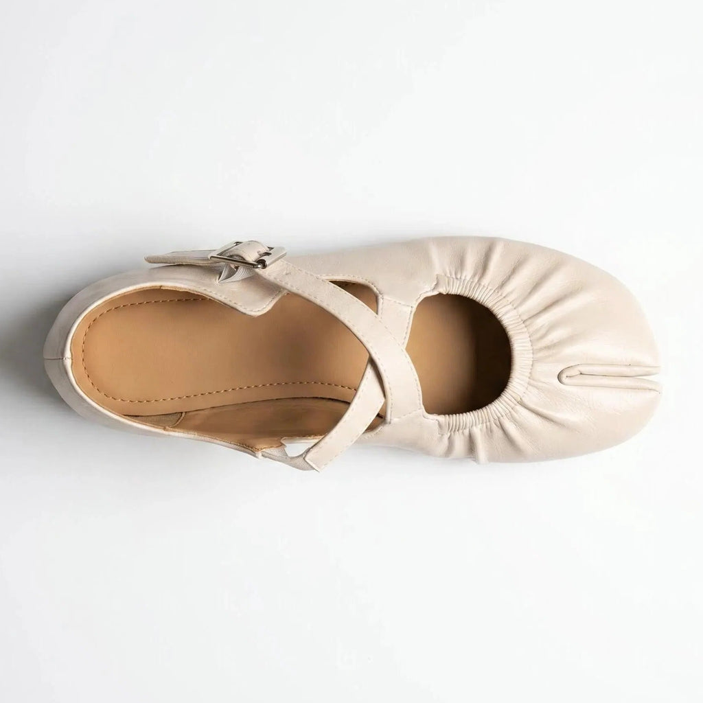 ZQW Ruched Tabi Mary Janes in white, top view – gathered ruched detail, cross strap with elastic connector, round split toe, wide-foot friendly silhouette